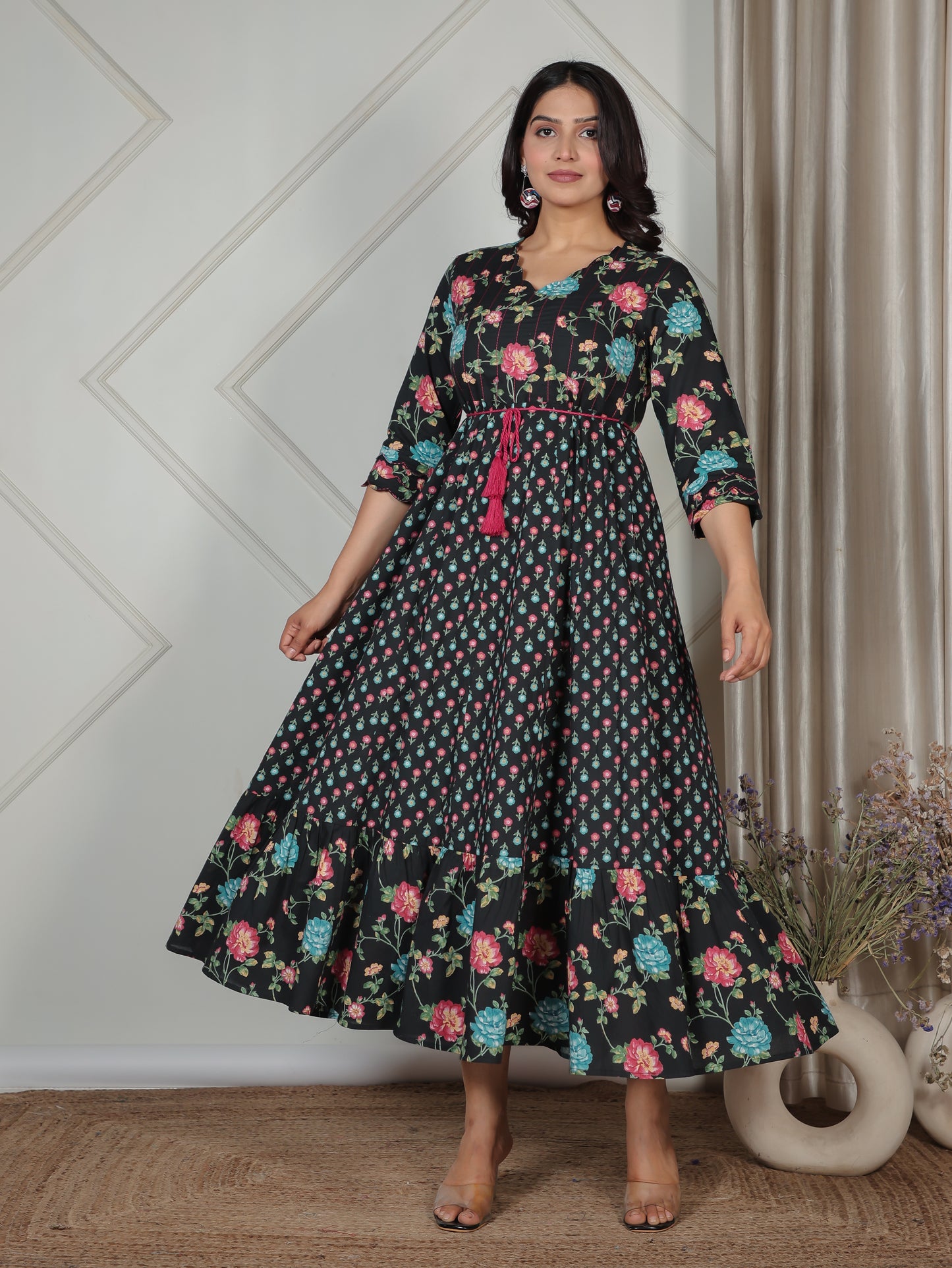 Embroidered Soft Cotton Floral Anarkali Black Kurta