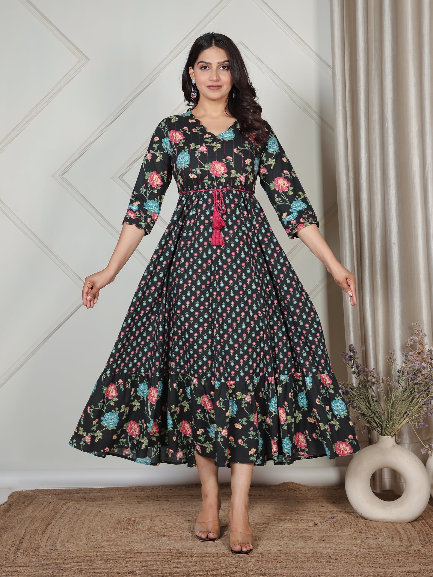 Embroidered Soft Cotton Floral Anarkali Black Kurta