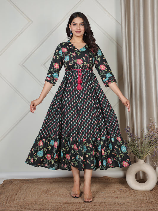 Embroidered Soft Cotton Floral Anarkali Black Kurta