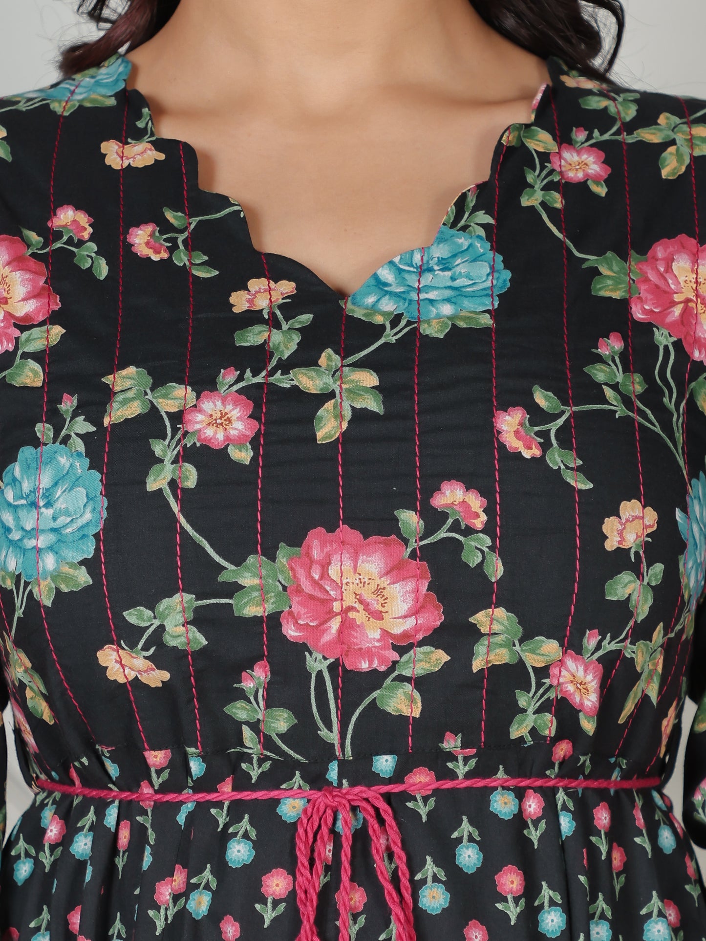 Embroidered Soft Cotton Floral Anarkali Black Kurta