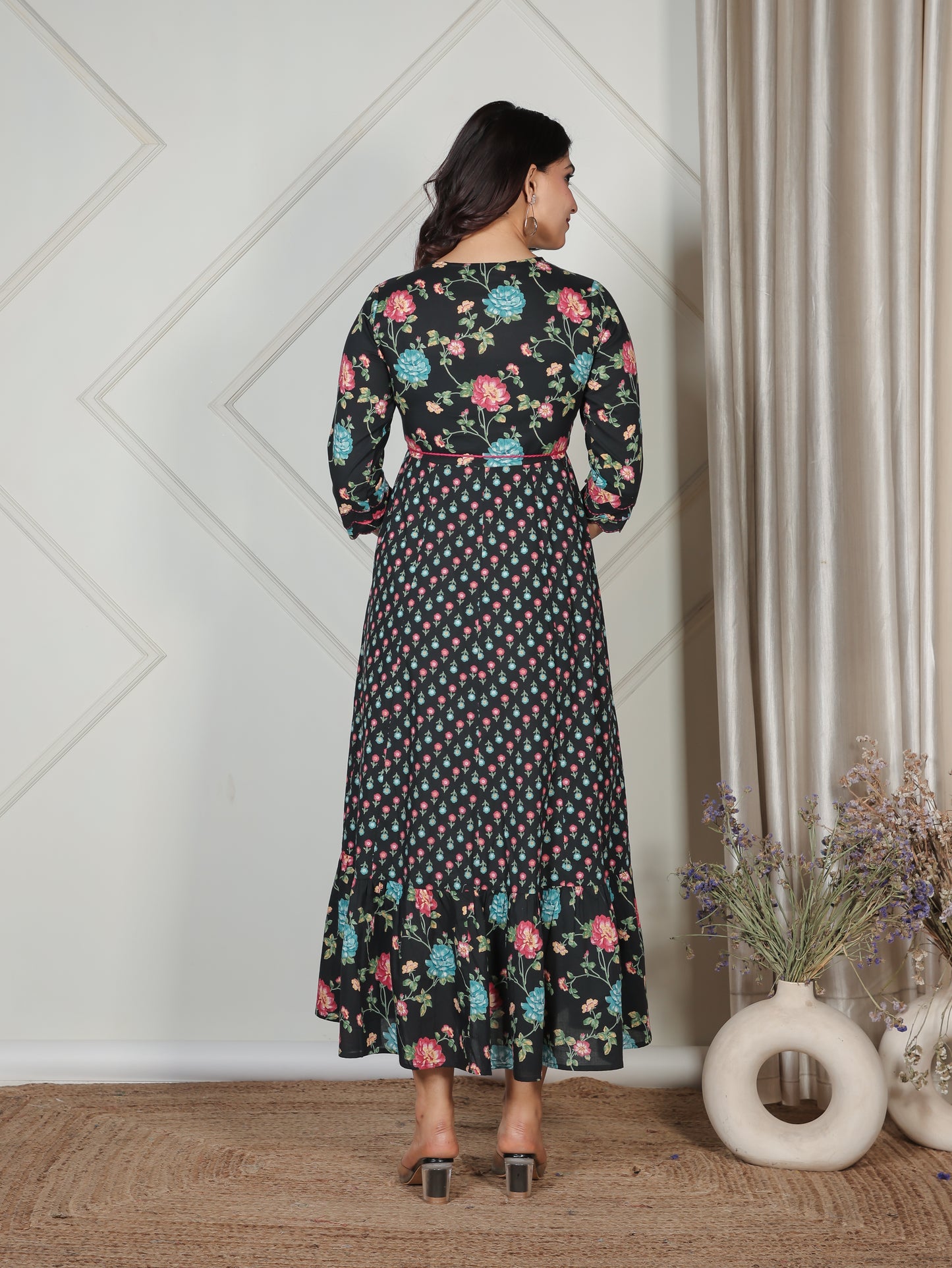 Embroidered Soft Cotton Floral Anarkali Black Kurta