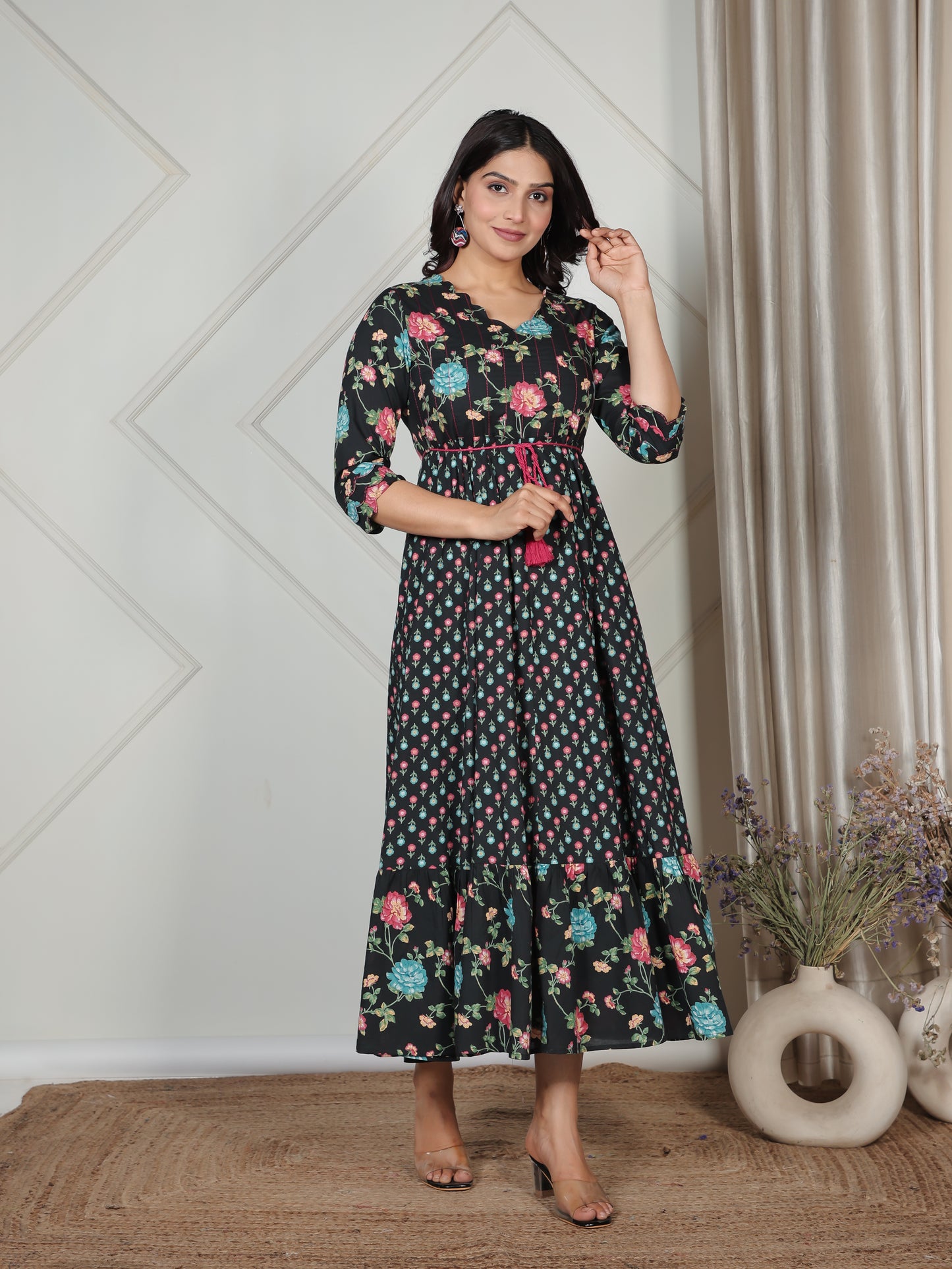 Embroidered Soft Cotton Floral Anarkali Black Kurta