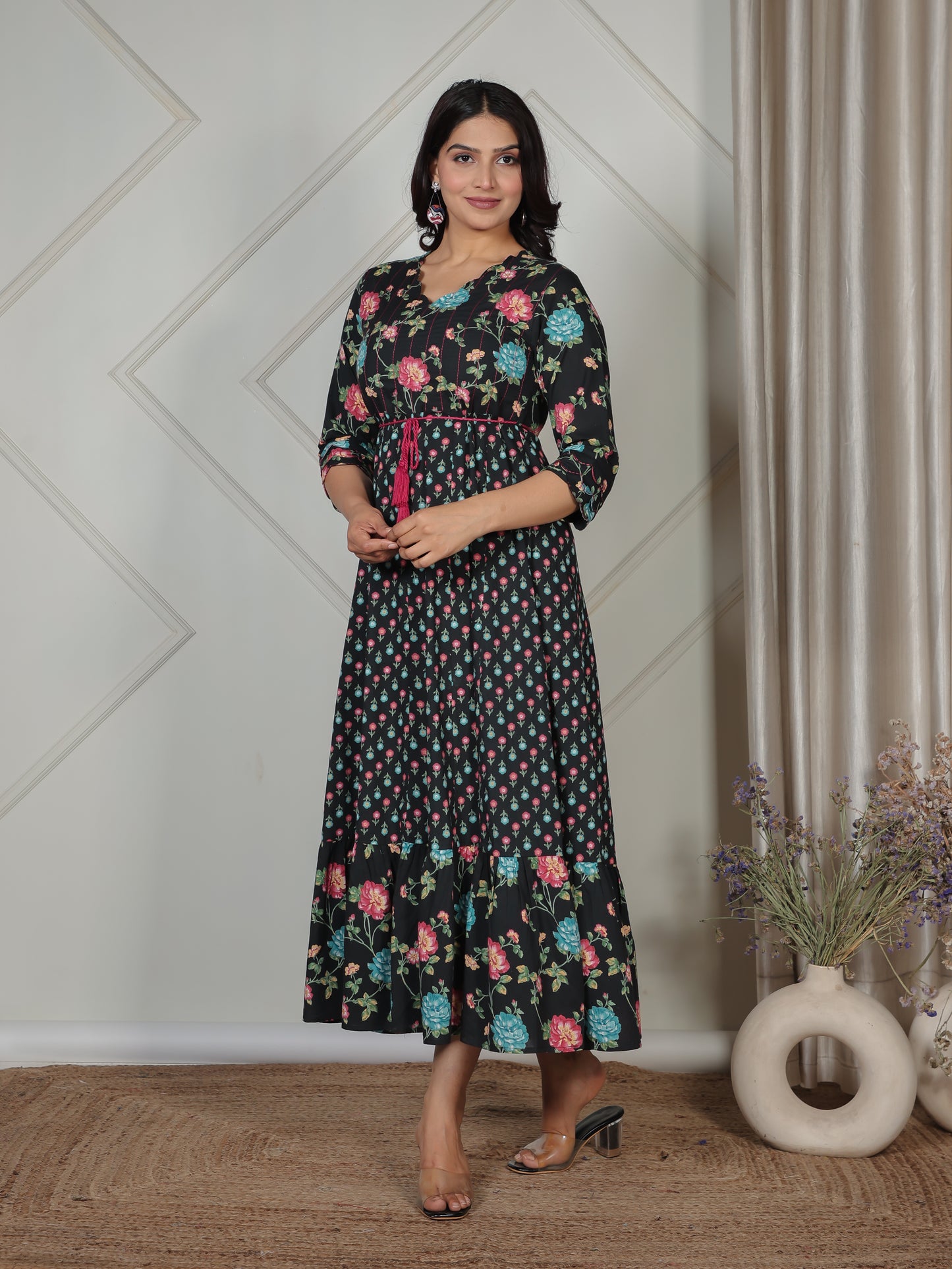Embroidered Soft Cotton Floral Anarkali Black Kurta