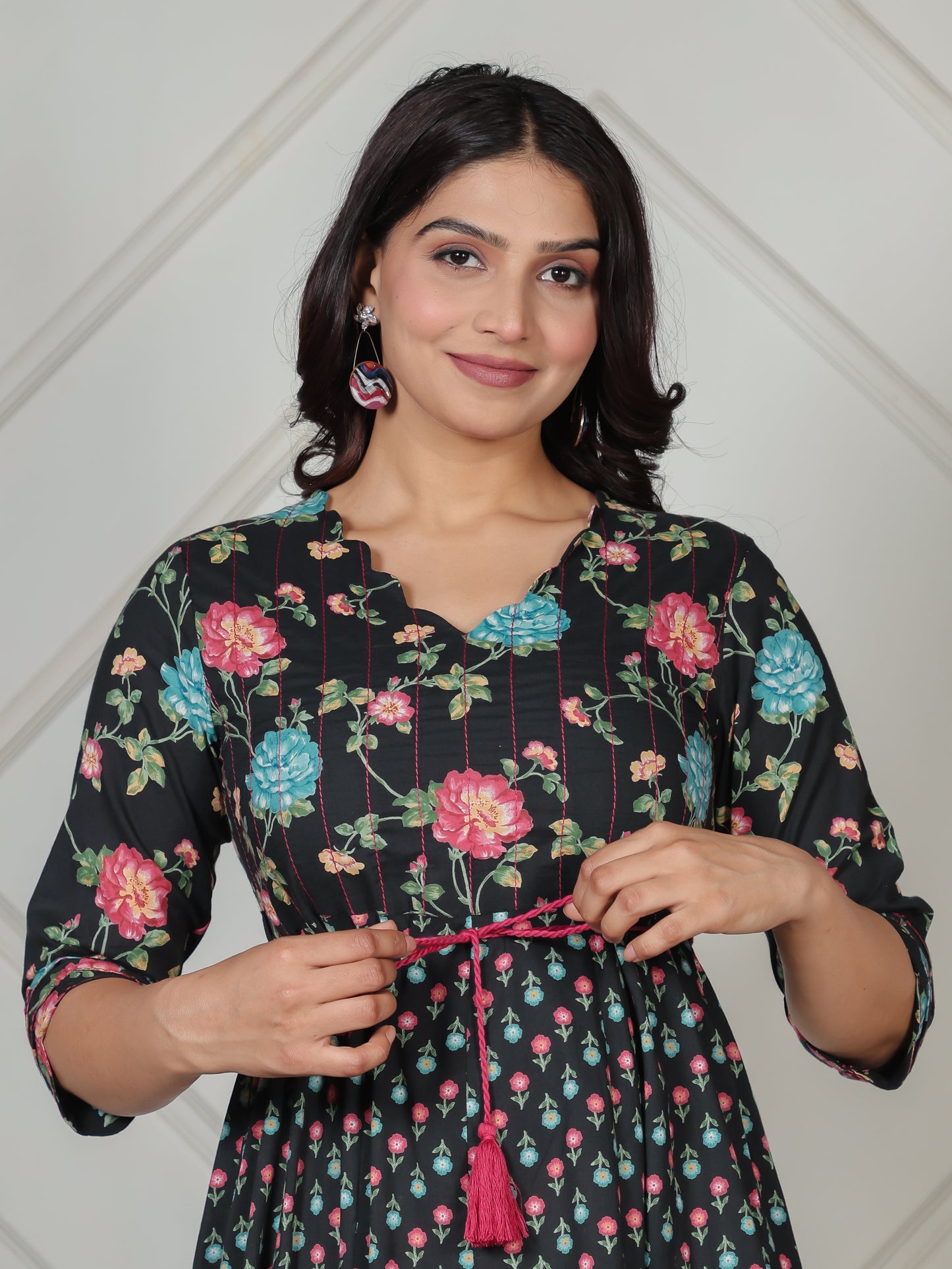 Embroidered Soft Cotton Floral Anarkali Black Kurta