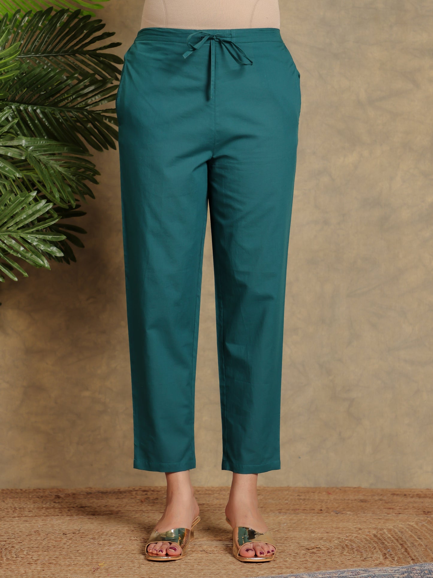 Soft Cotton Solid Green Tapered Trousers