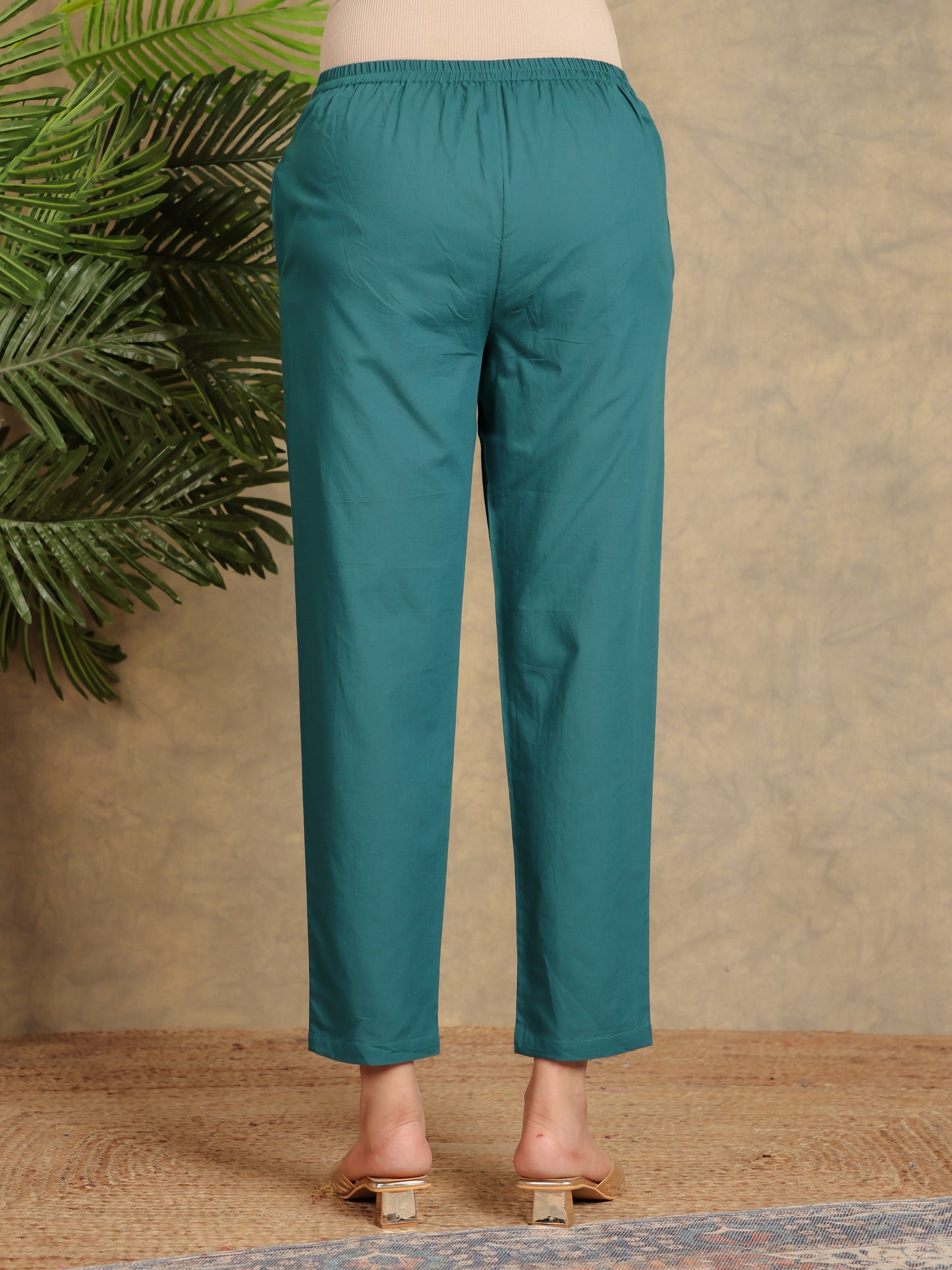 Soft Cotton Solid Green Tapered Trousers