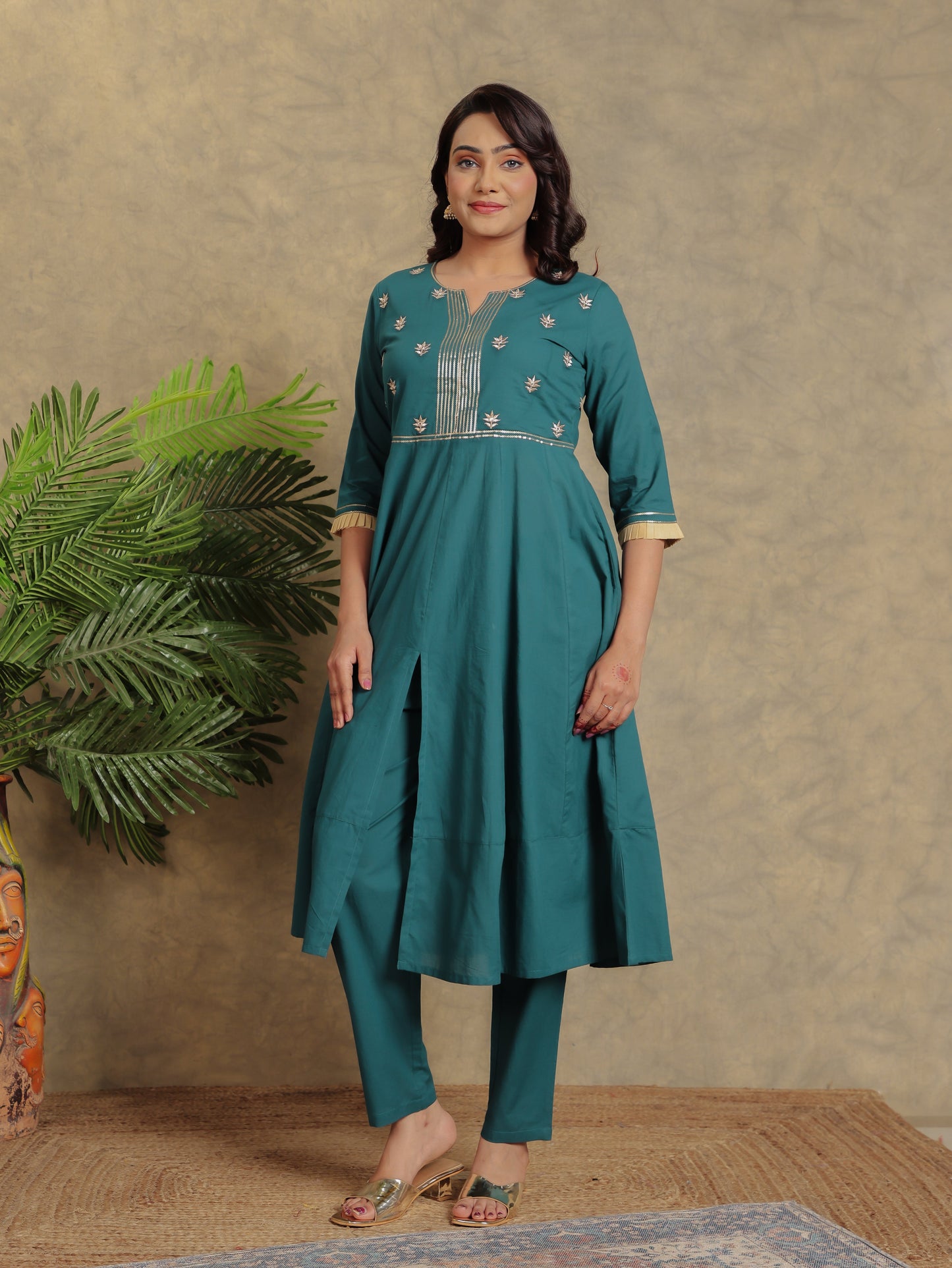 Embroidered Soft Cotton Solid Anarkali Green Kurta