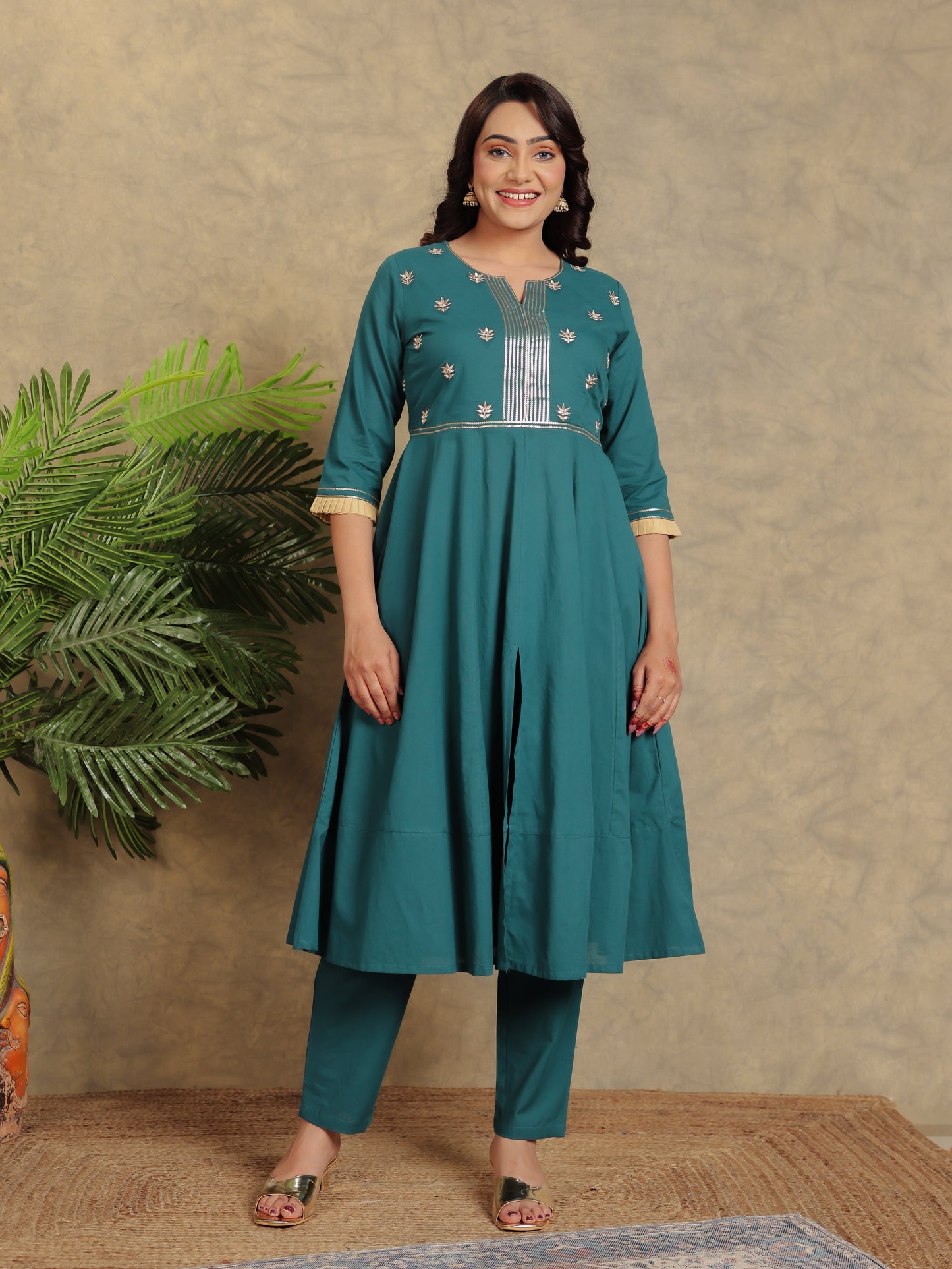 Embroidered Soft Cotton Solid Anarkali Green Kurta