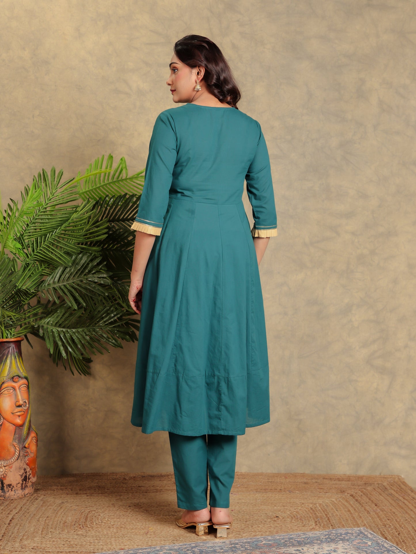 Embroidered Soft Cotton Solid Anarkali Green Kurta