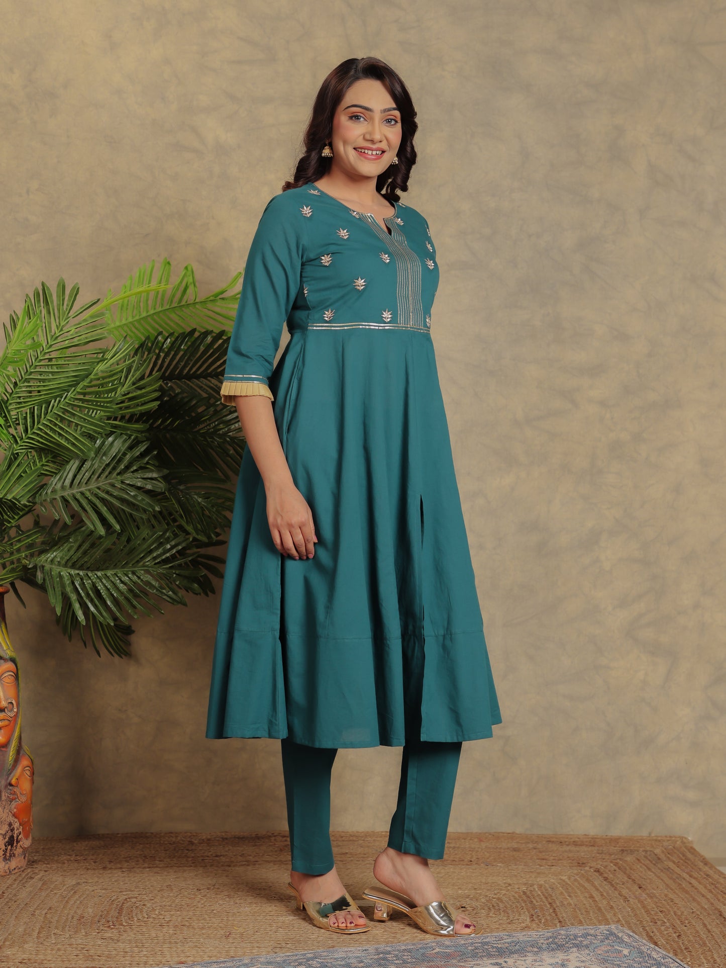 Embroidered Soft Cotton Solid Anarkali Green Kurta