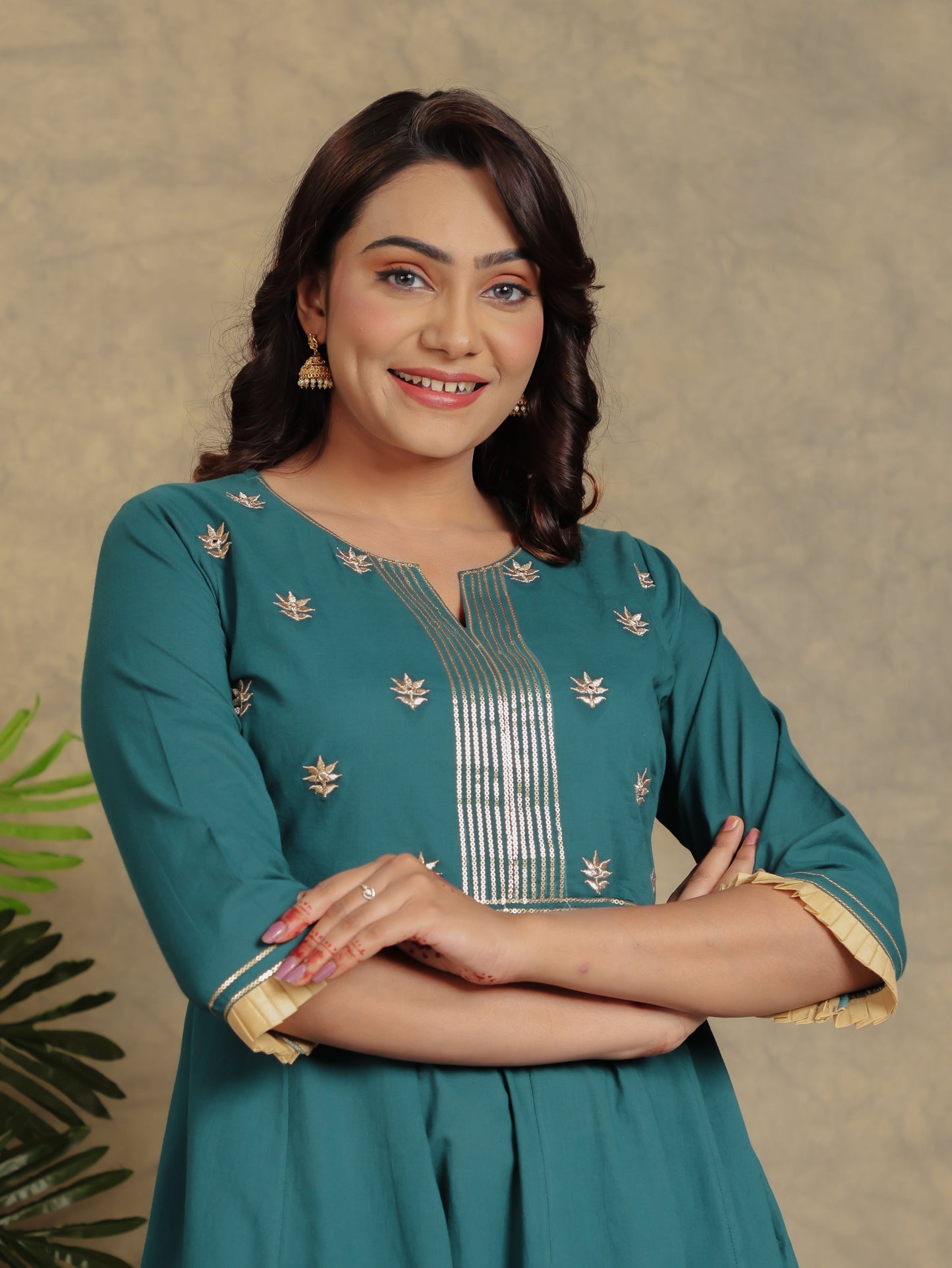 Embroidered Soft Cotton Solid Anarkali Green Kurta