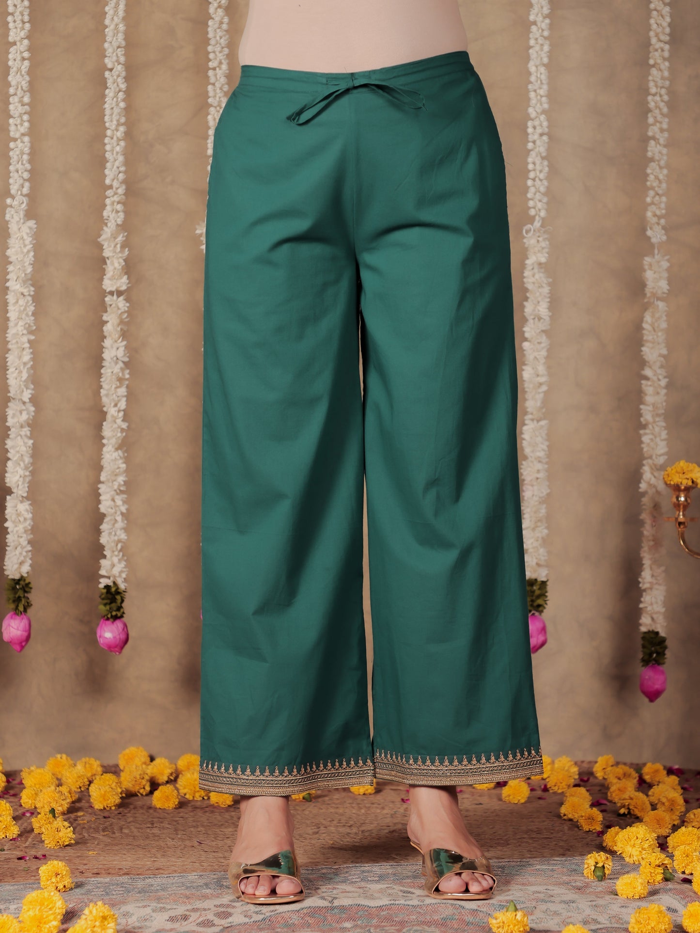 Soft Cotton Solid Green Palazzo