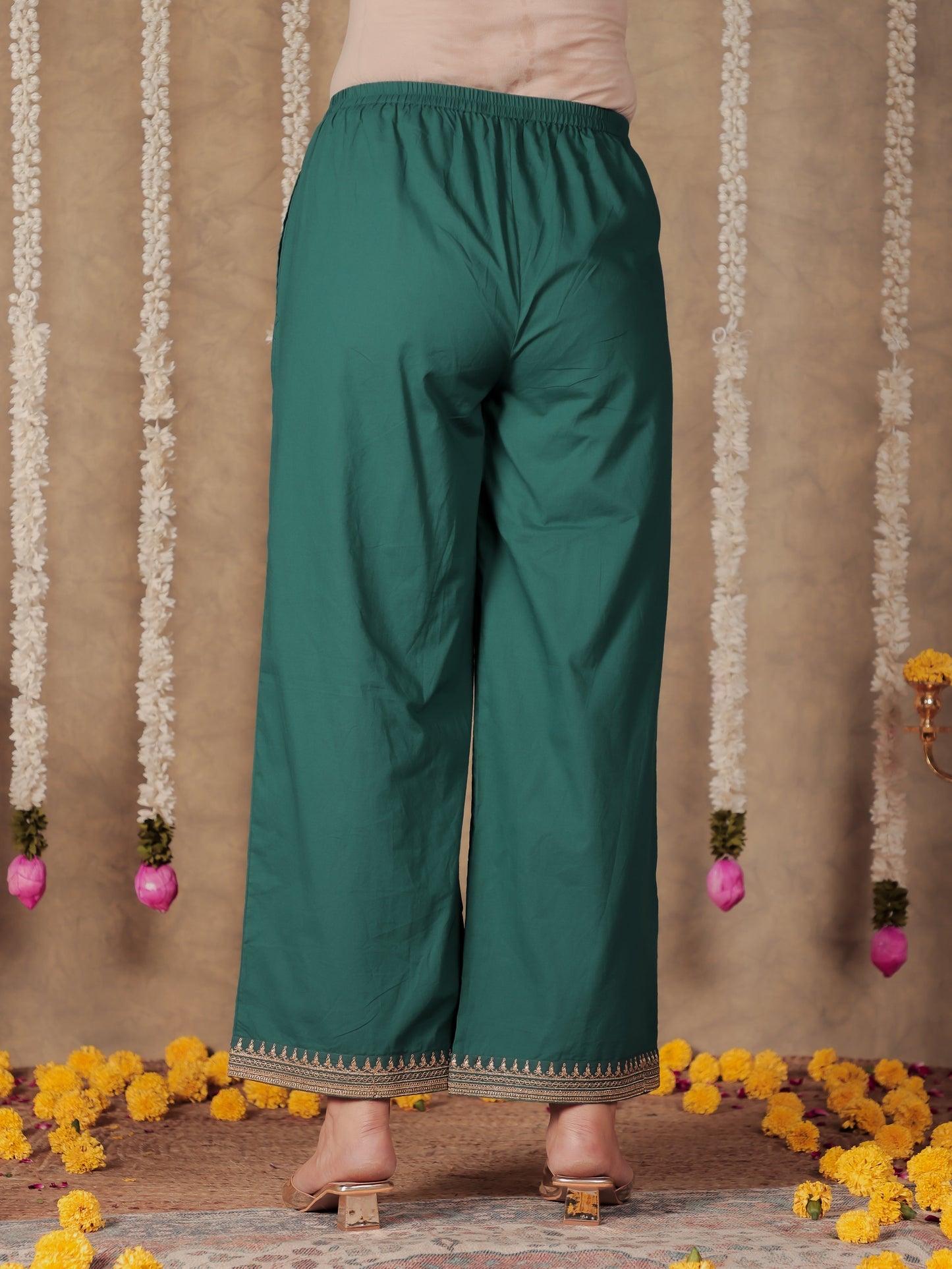 Soft Cotton Solid Green Palazzo