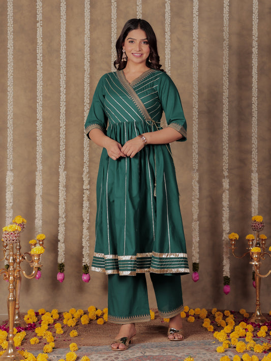 Soft Cotton Solid Angrakha Green Kurta
