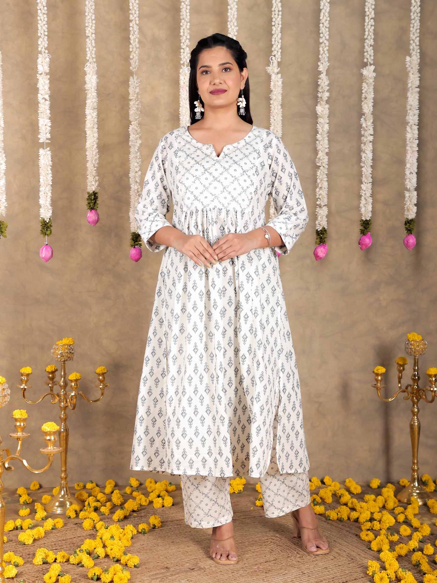 Soft Cotton Ikat A-line White Kurta