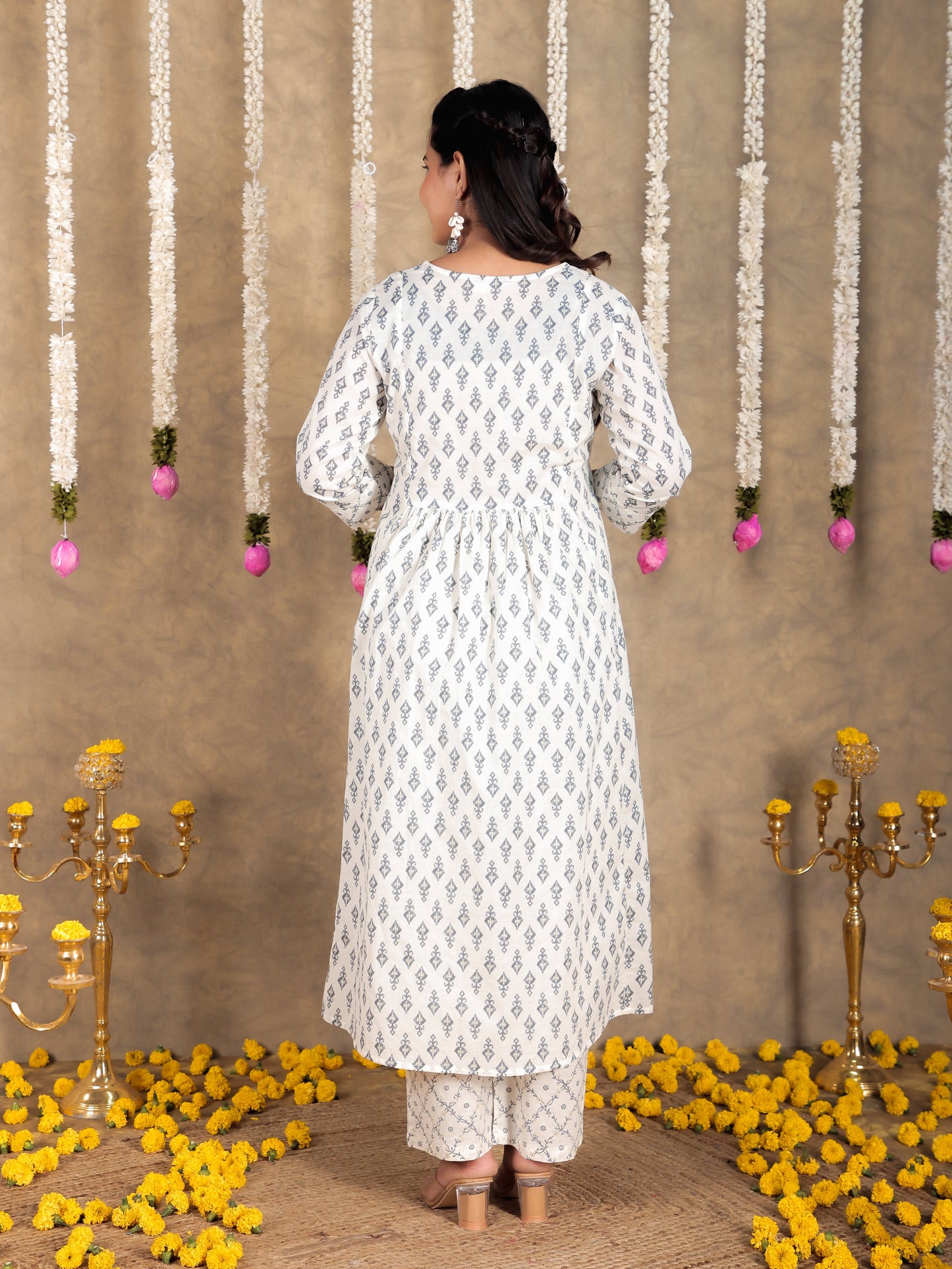 Soft Cotton Ikat A-line White Kurta