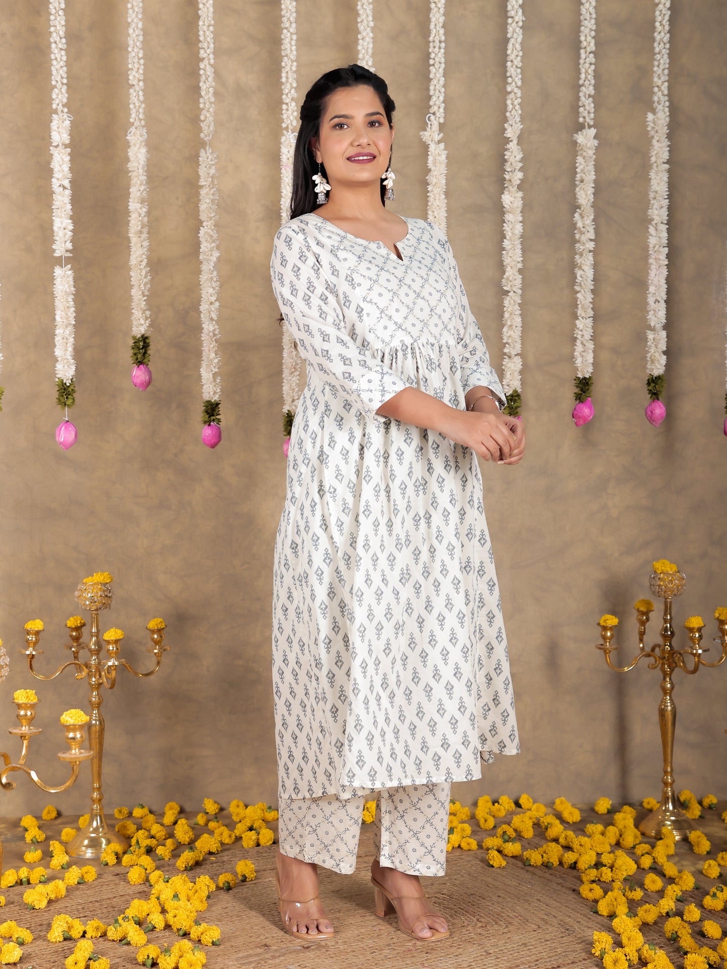 Soft Cotton Ikat A-line White Kurta