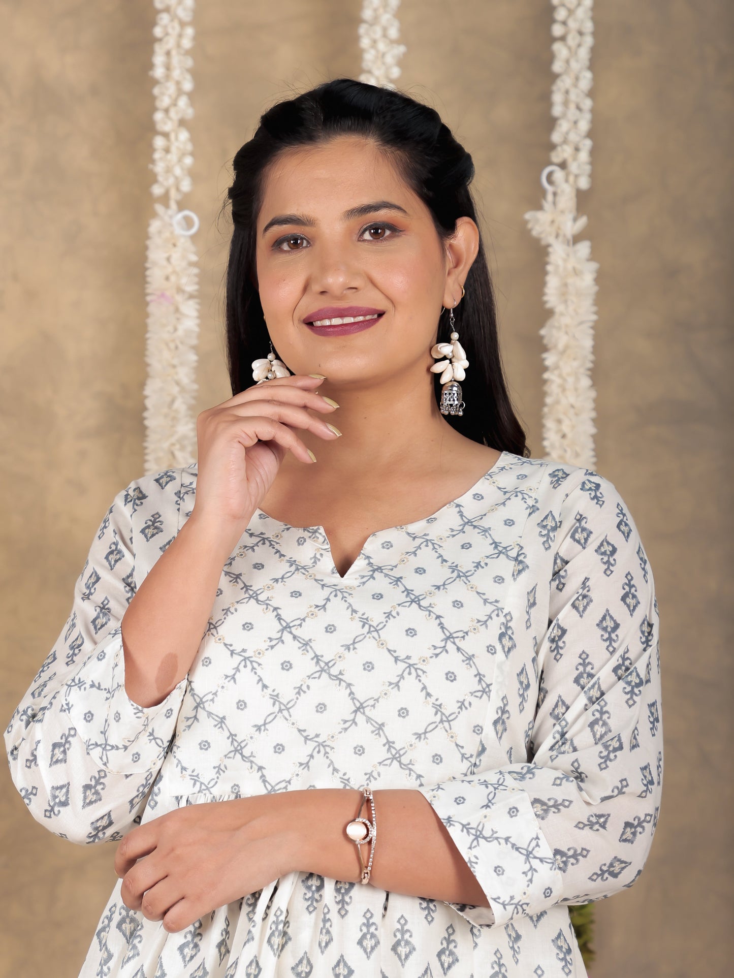 Soft Cotton Ikat A-line White Kurta