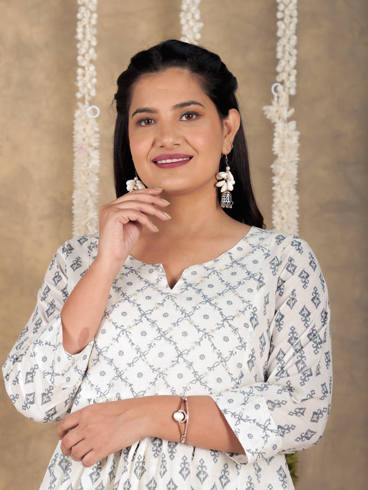 Soft Cotton Ikat A-line White Kurta