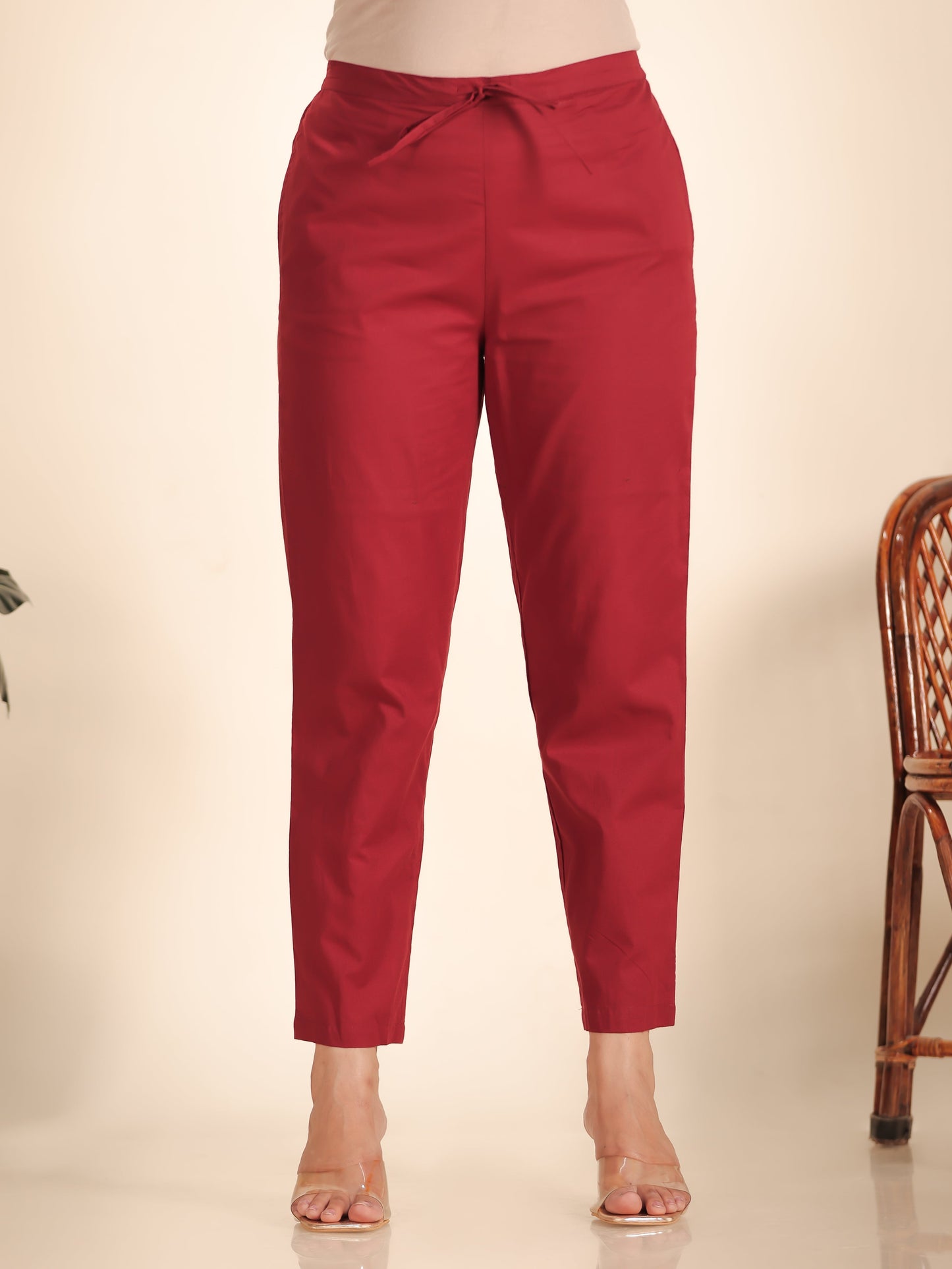 Soft Cotton Solid Maroon Tapered Trousers