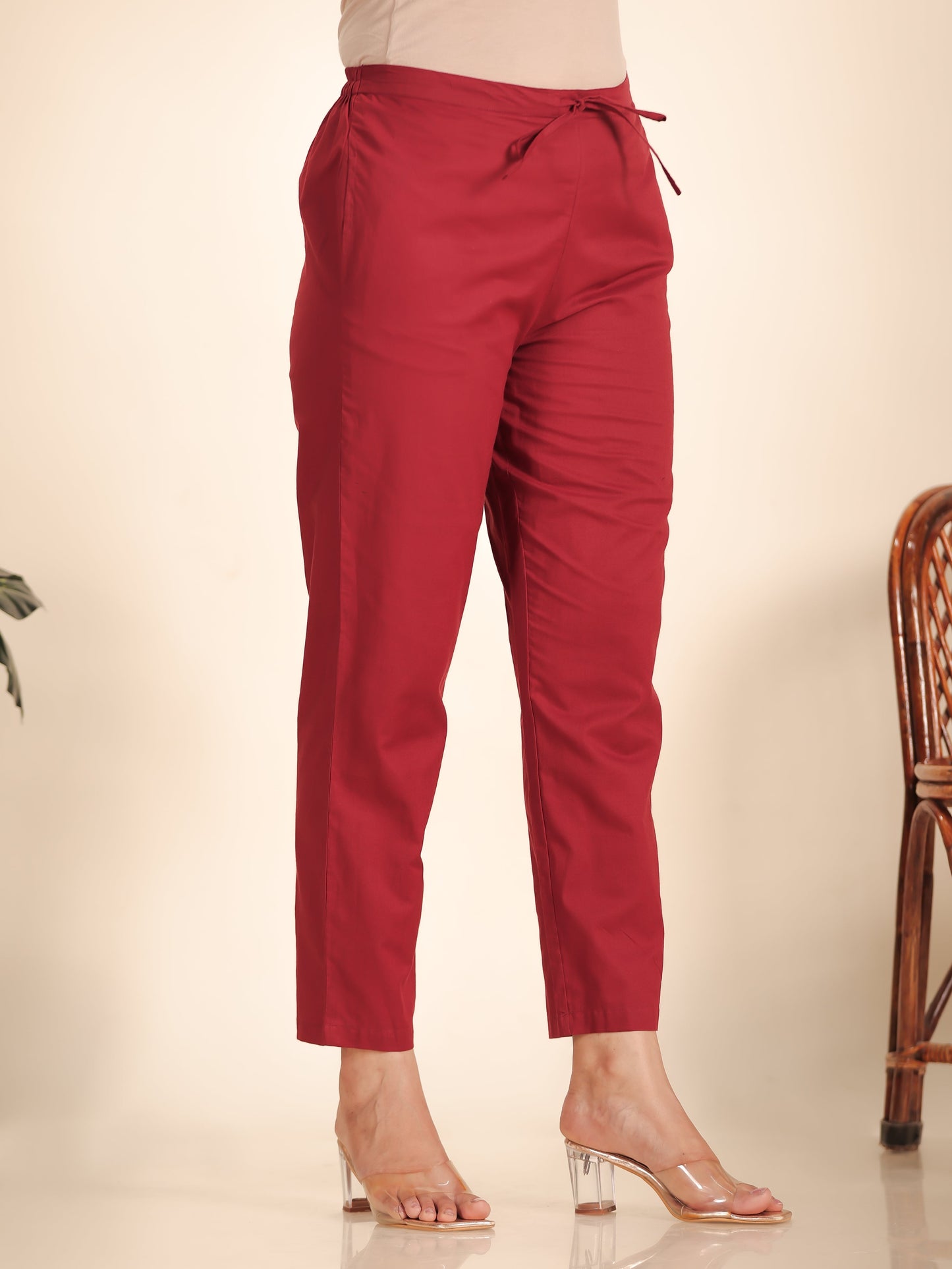 Soft Cotton Solid Maroon Tapered Trousers