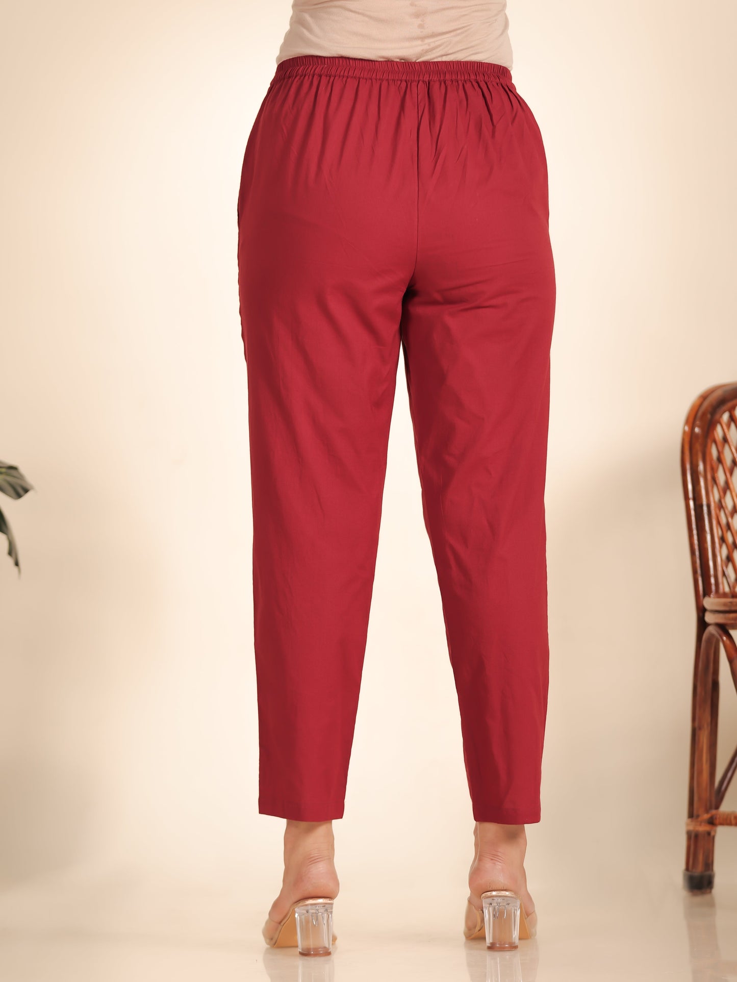 Soft Cotton Solid Maroon Tapered Trousers