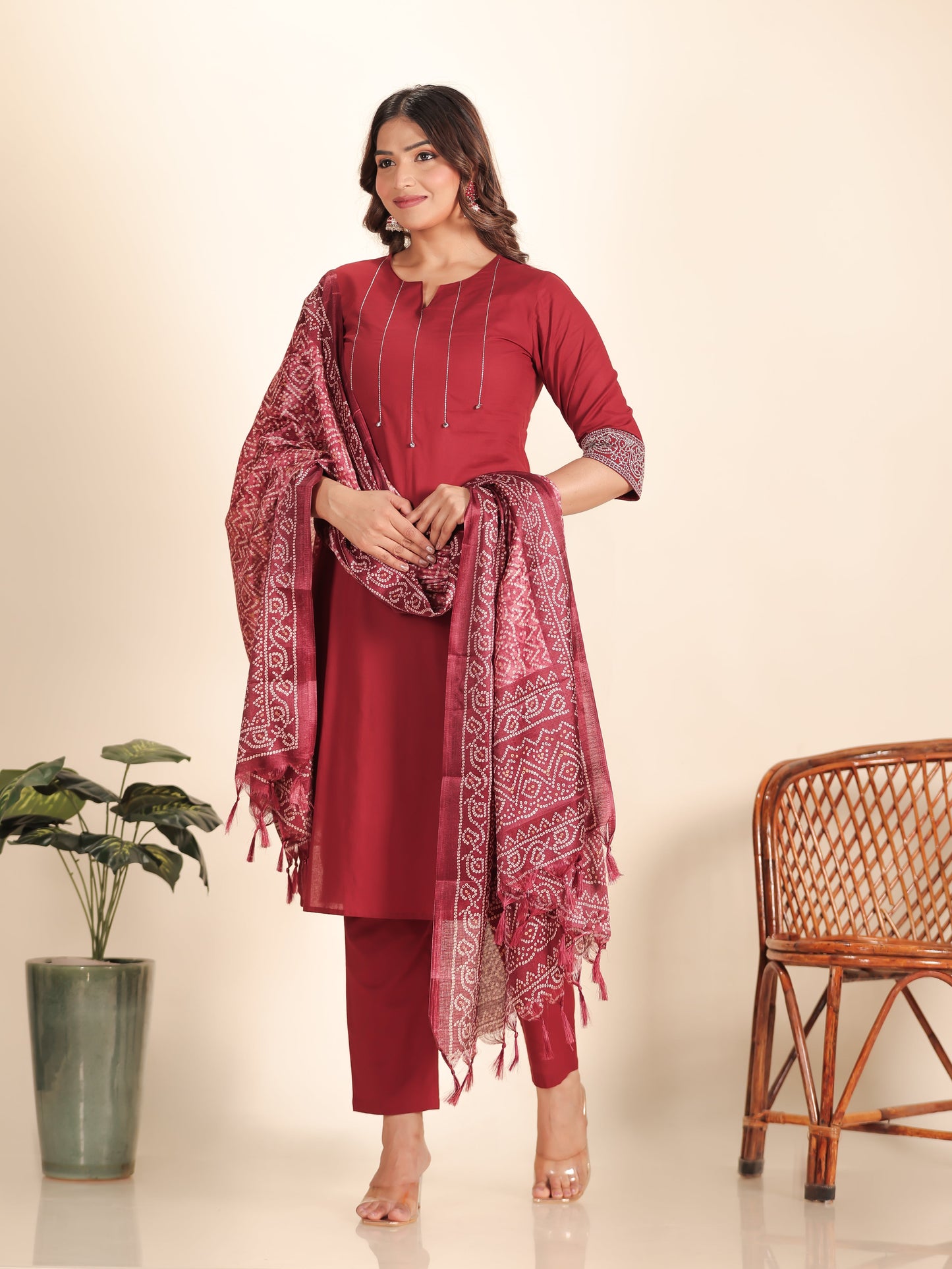 Embroidered Soft Cotton Solid Straight Maroon Kurta