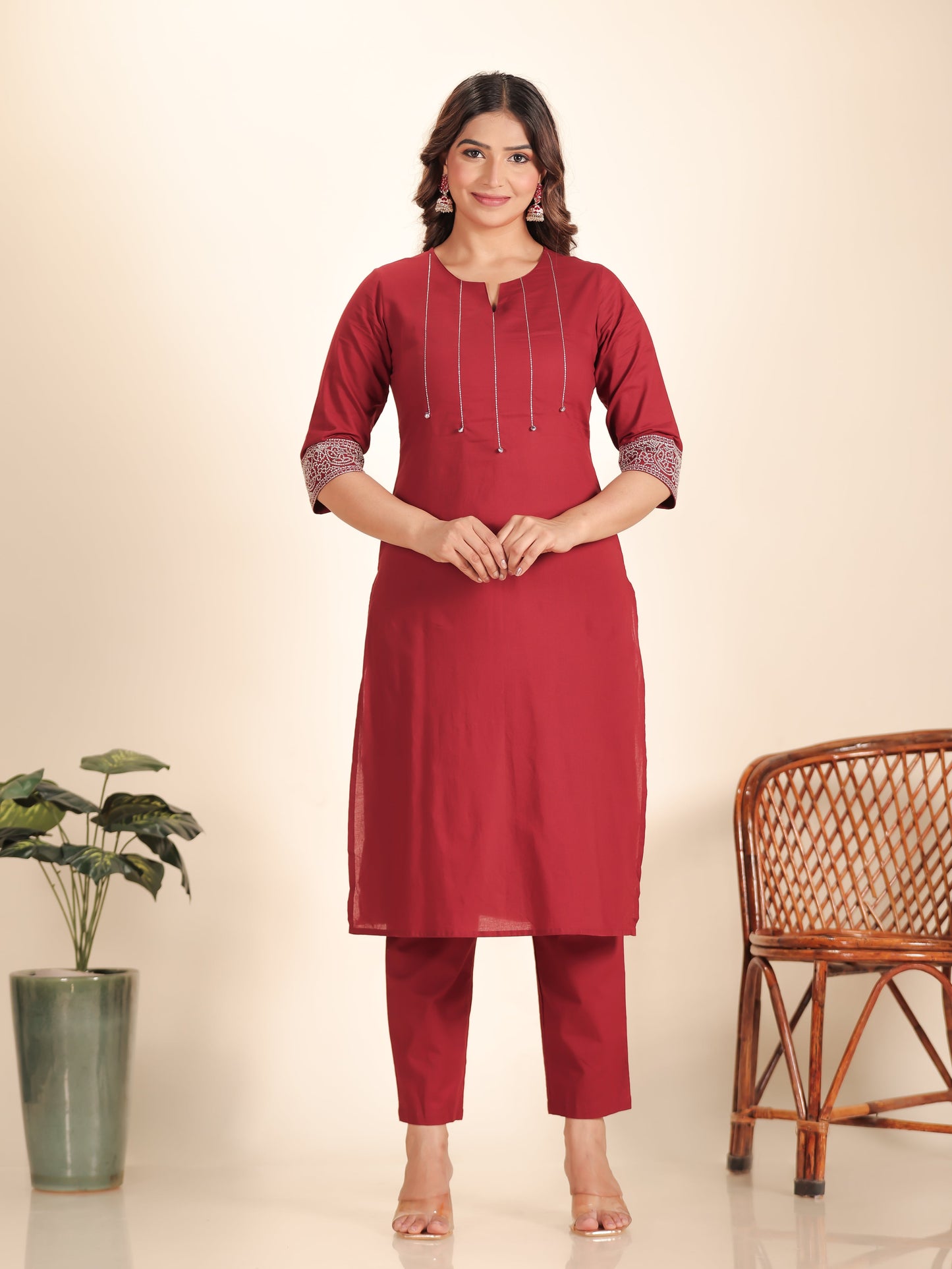Embroidered Soft Cotton Solid Straight Maroon Kurta