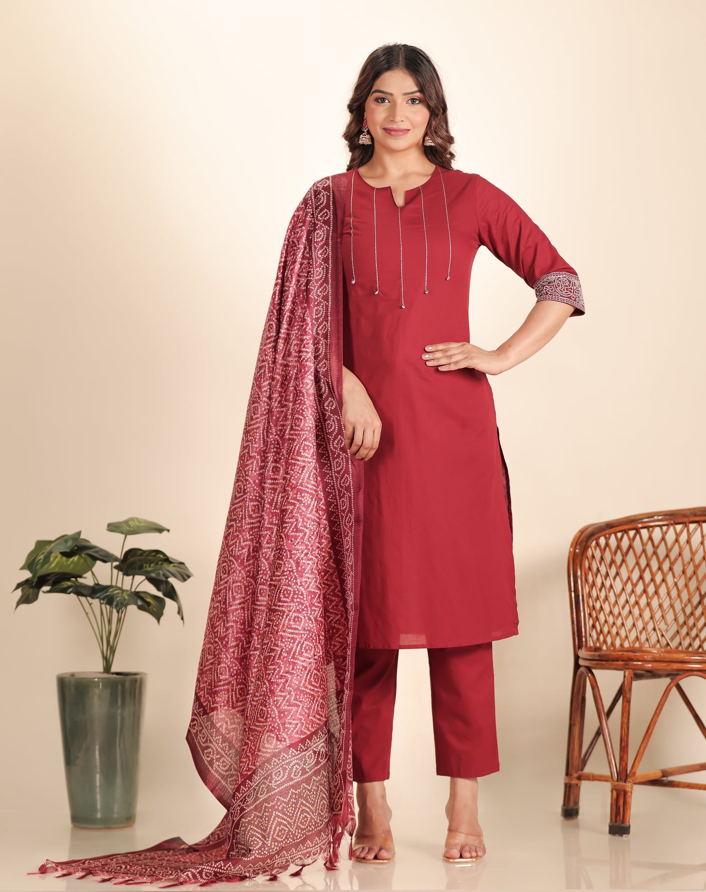 Embroidered Soft Cotton Solid Straight Maroon Kurta