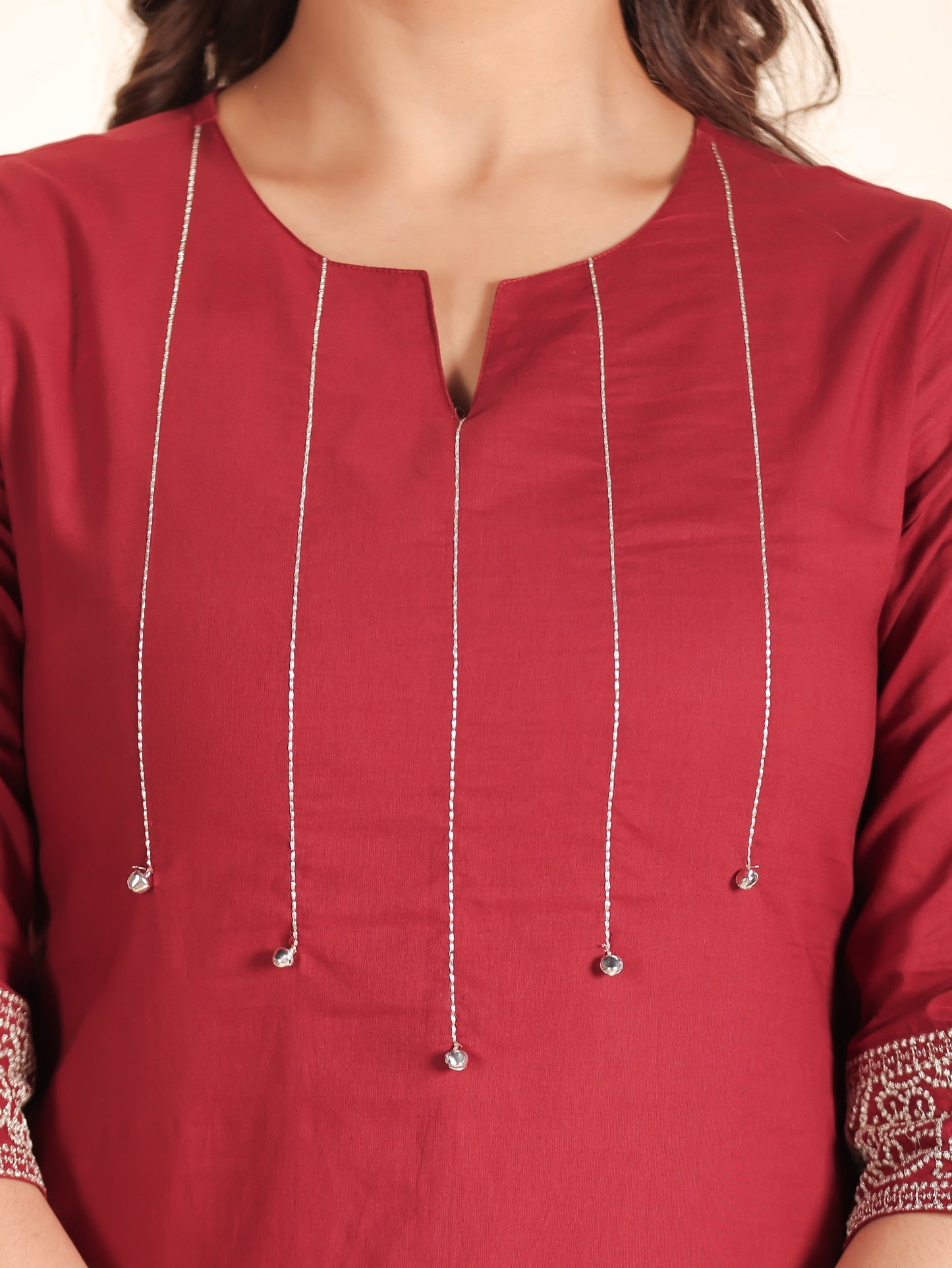 Embroidered Soft Cotton Solid Straight Maroon Kurta