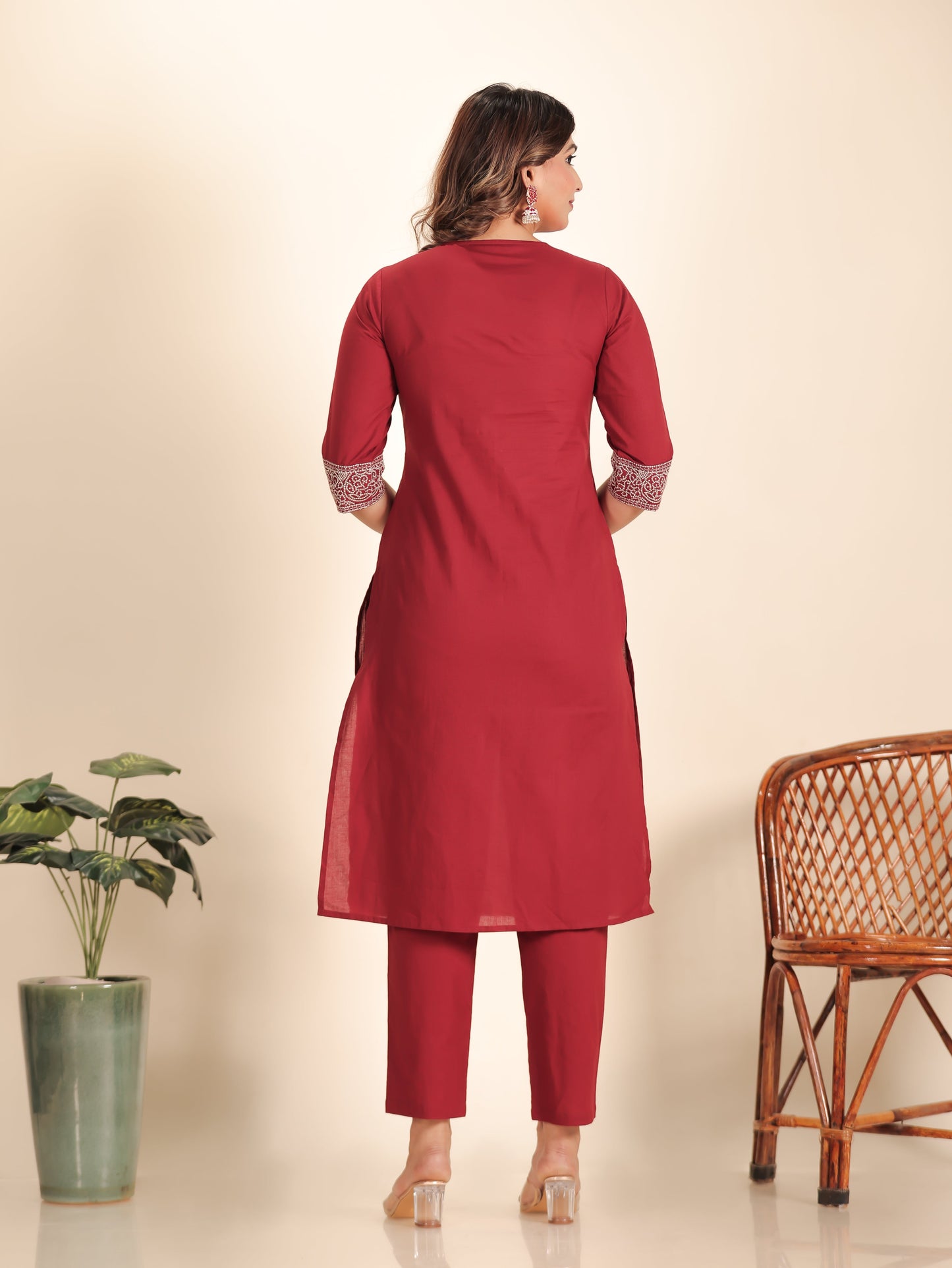Embroidered Soft Cotton Solid Straight Maroon Kurta