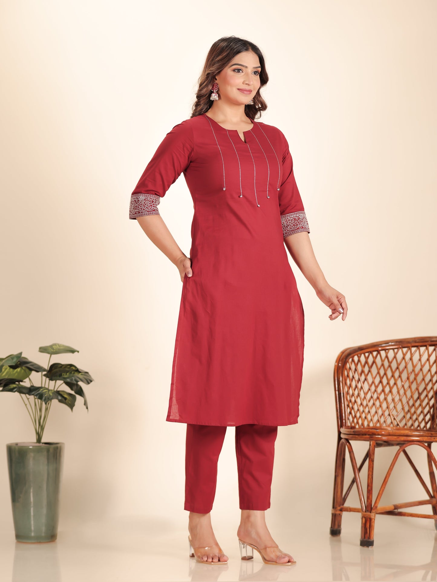 Embroidered Soft Cotton Solid Straight Maroon Kurta