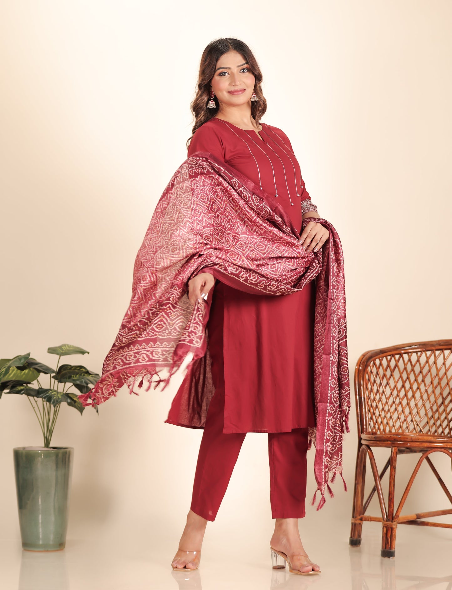 Embroidered Soft Cotton Solid Straight Maroon Kurta