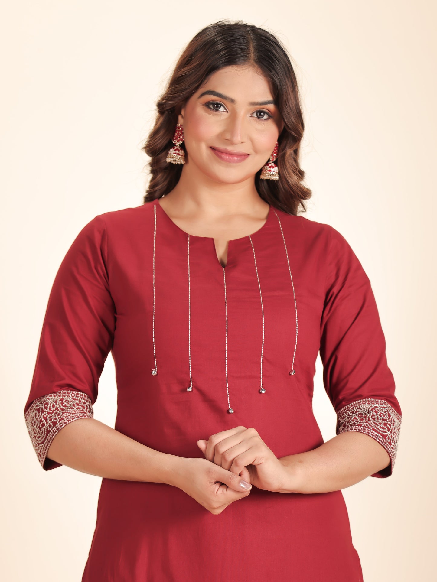 Embroidered Soft Cotton Solid Straight Maroon Kurta
