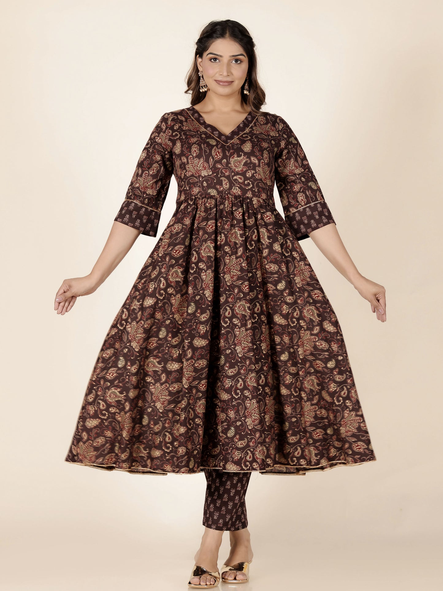 Soft Cotton Gold foil Anarkali Brown Kurta