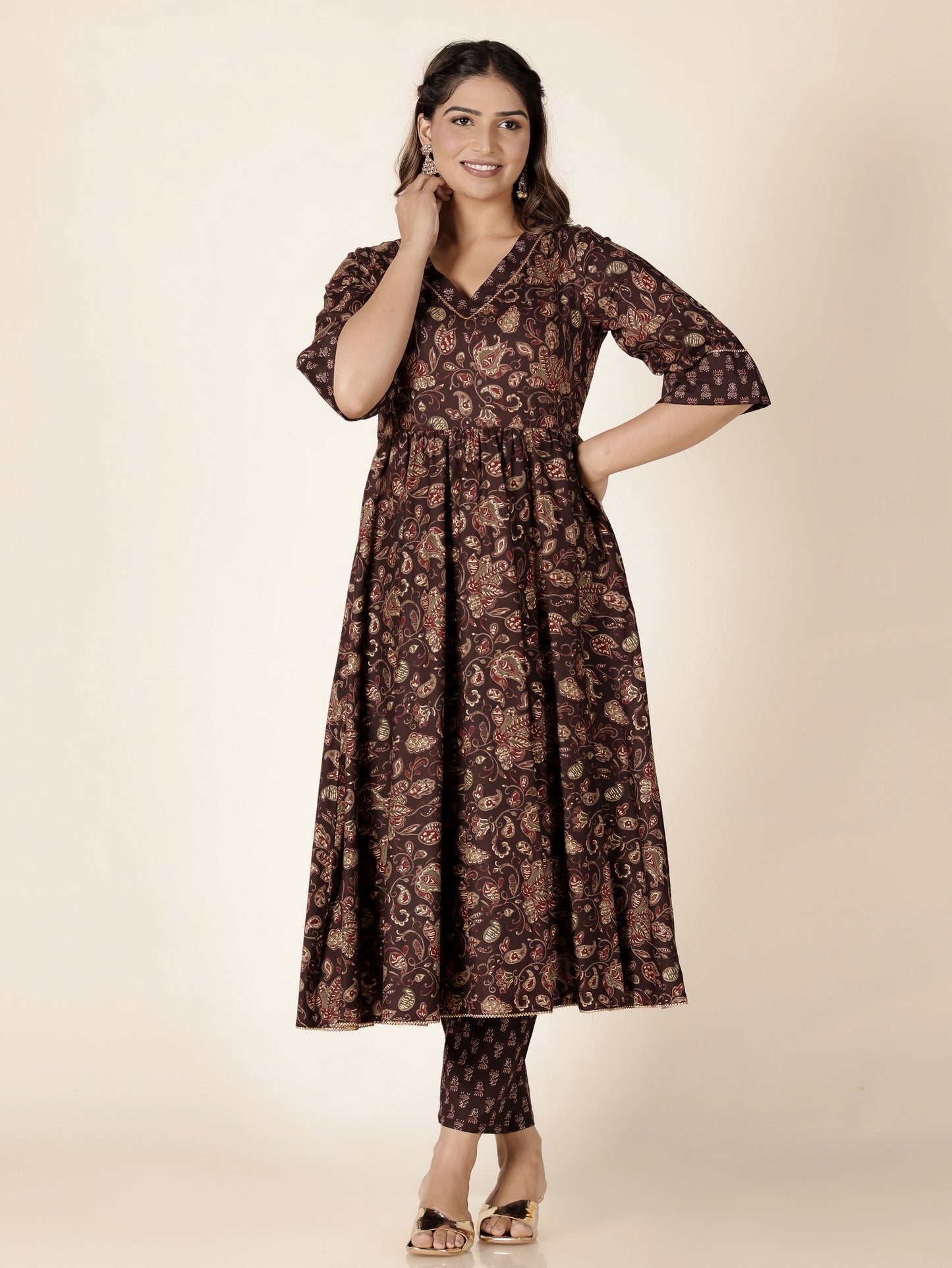 Soft Cotton Gold foil Anarkali Brown Kurta