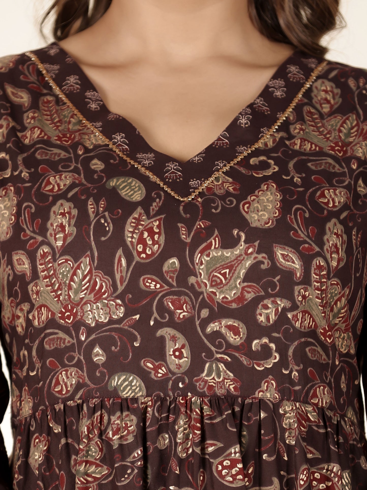 Soft Cotton Gold foil Anarkali Brown Kurta