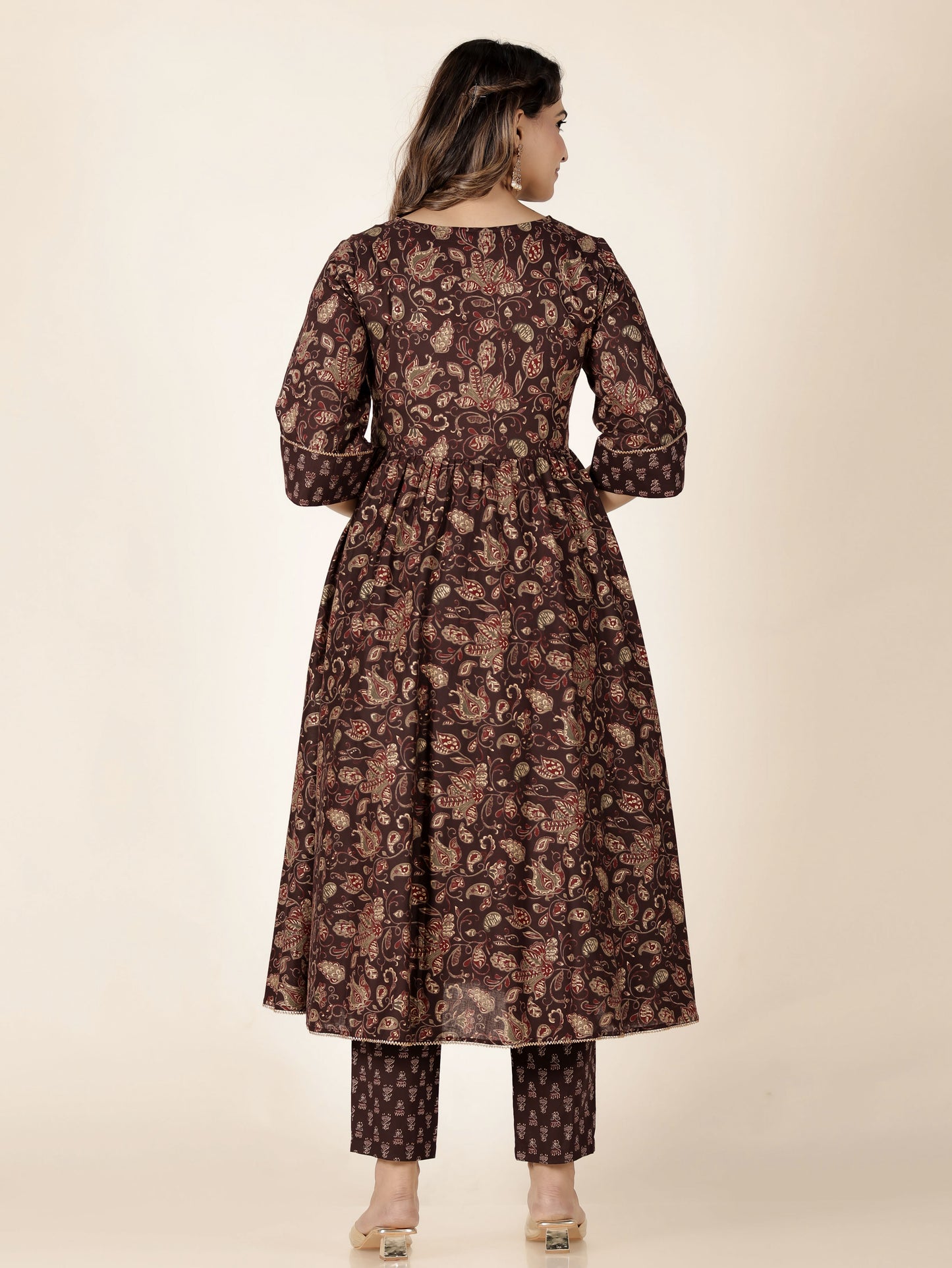 Soft Cotton Gold foil Anarkali Brown Kurta