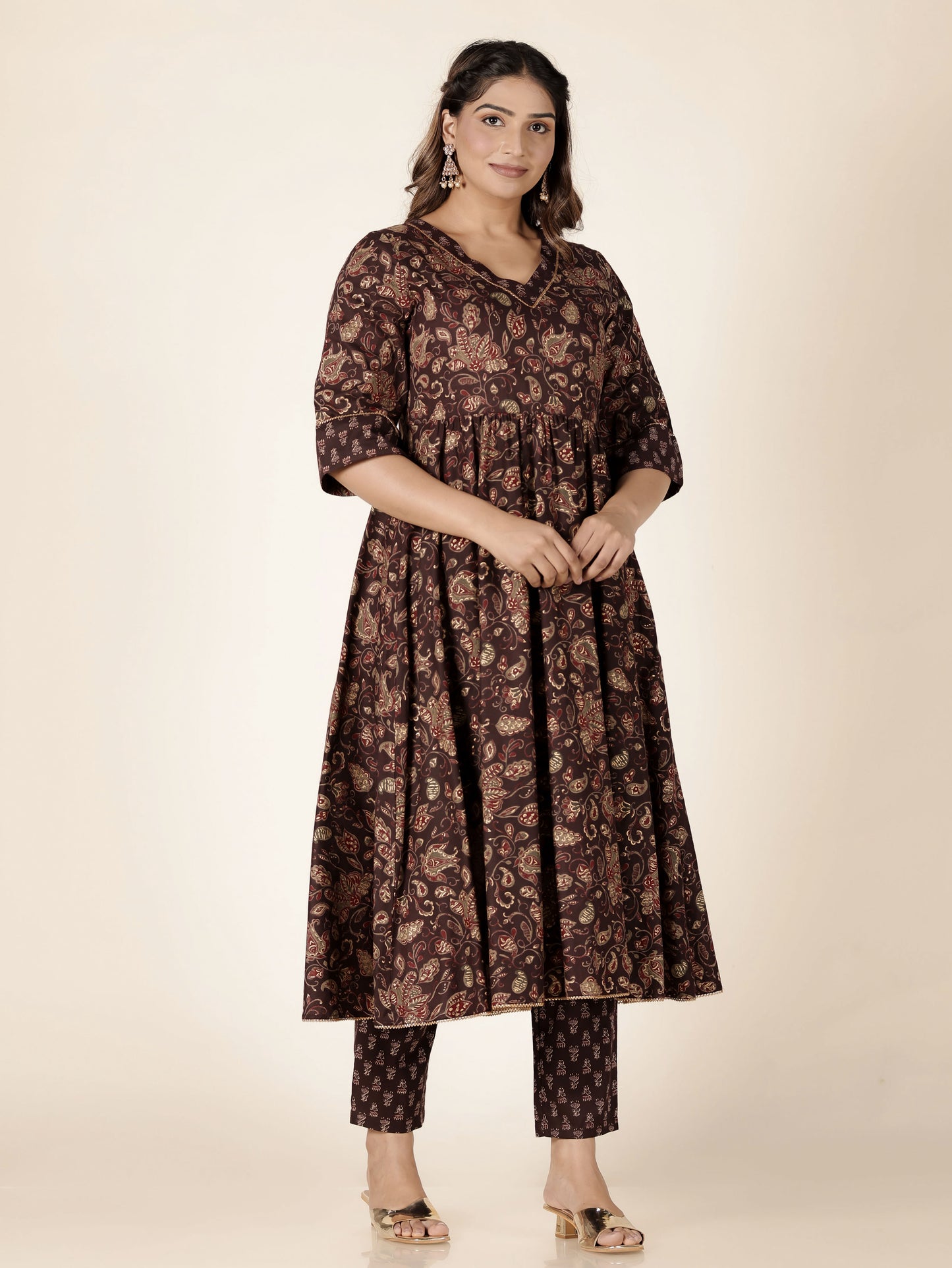 Soft Cotton Gold foil Anarkali Brown Kurta