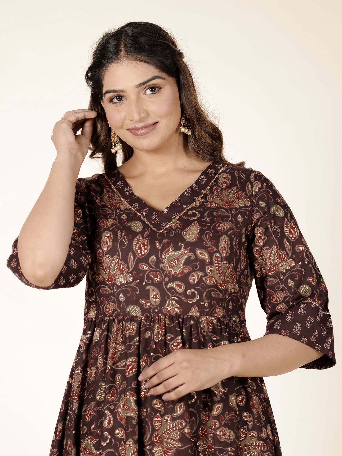 Soft Cotton Gold foil Anarkali Brown Kurta
