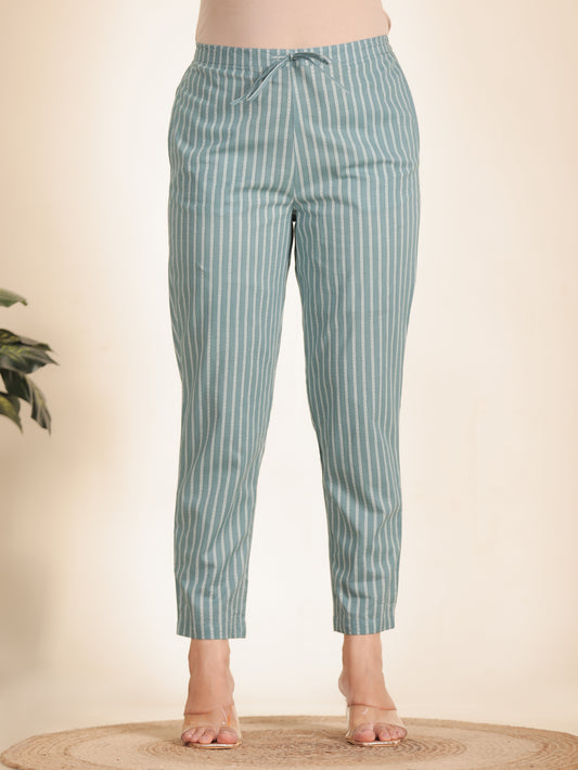 Soft Cotton Striped Grey Tapered Trousers