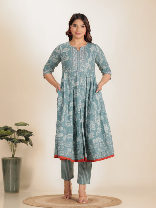 Soft Cotton Floral Anarkali Grey Kurta