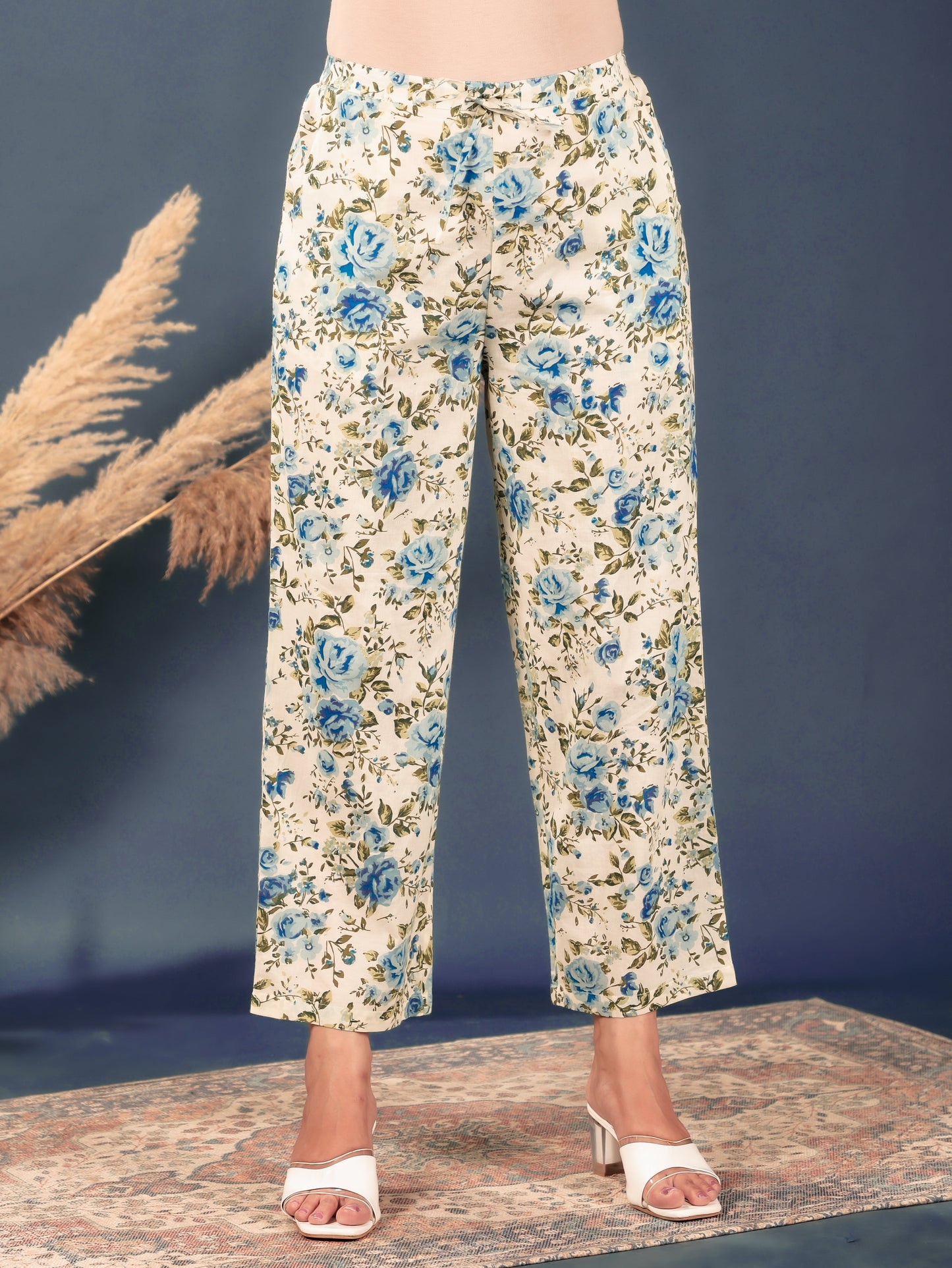 Soft Cotton Floral Cream Straight Trousers