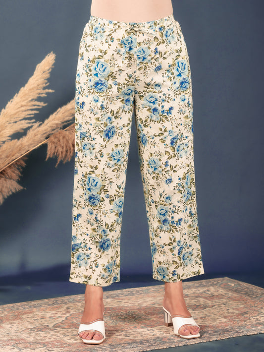 Soft Cotton Floral Cream Straight Trousers