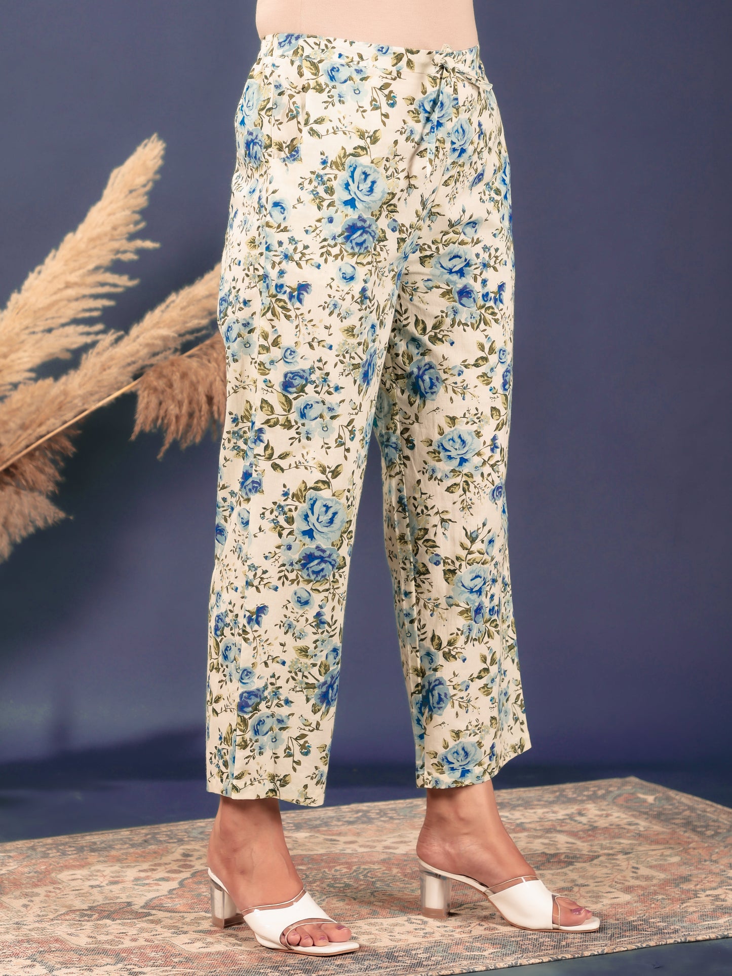 Soft Cotton Floral Cream Straight Trousers