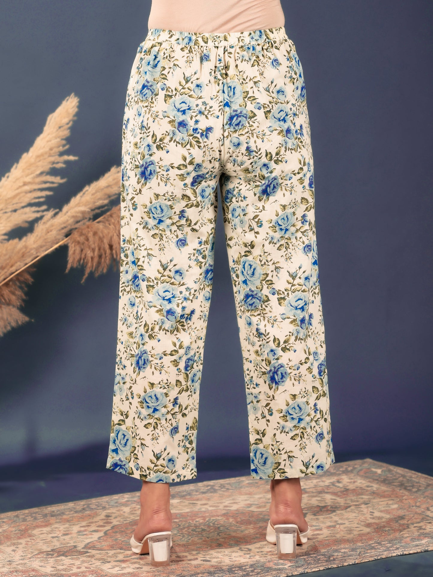 Soft Cotton Floral Cream Straight Trousers