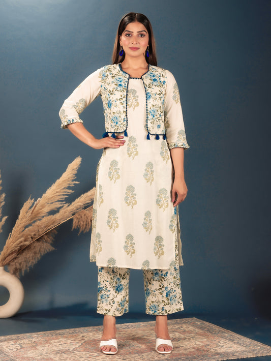 Soft Cotton Floral Straight Cream Jacket
