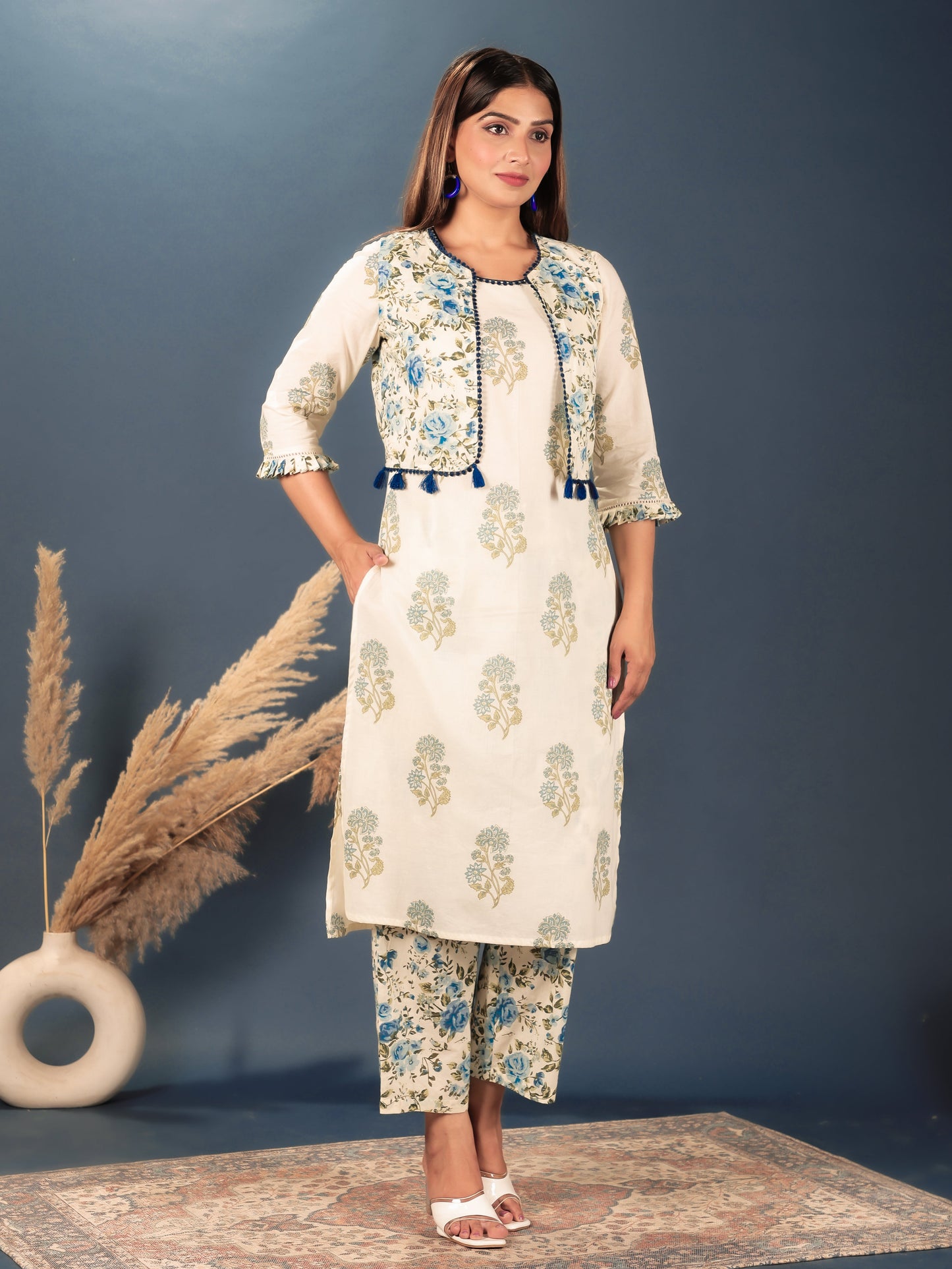 Soft Cotton Block Straight Cream Kurta
