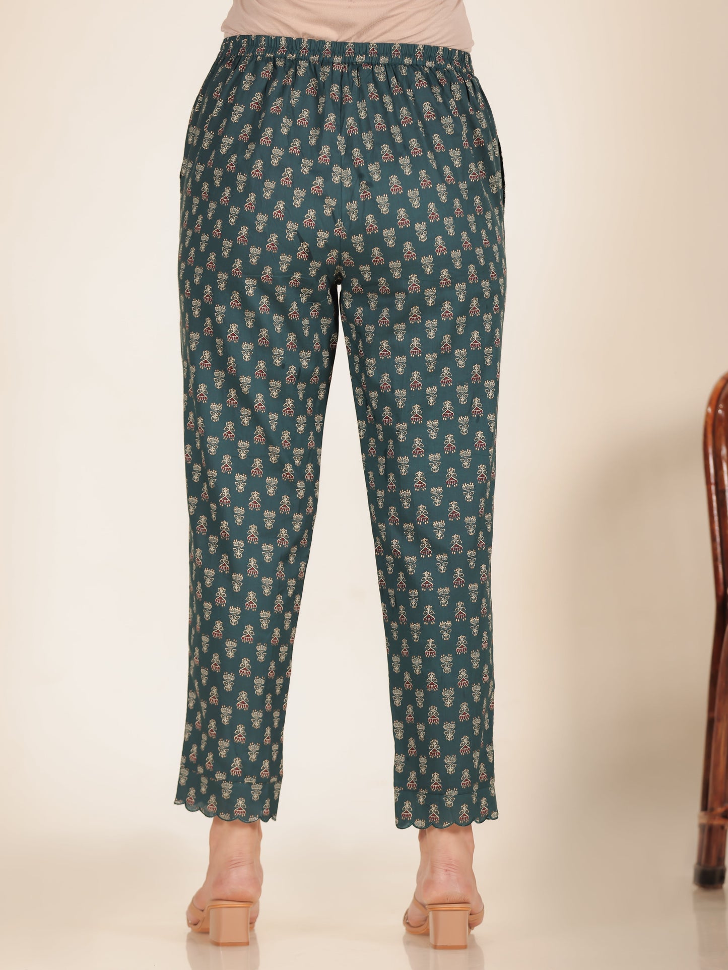 Soft Cotton Block Print Emerald Green Tapered Trousers