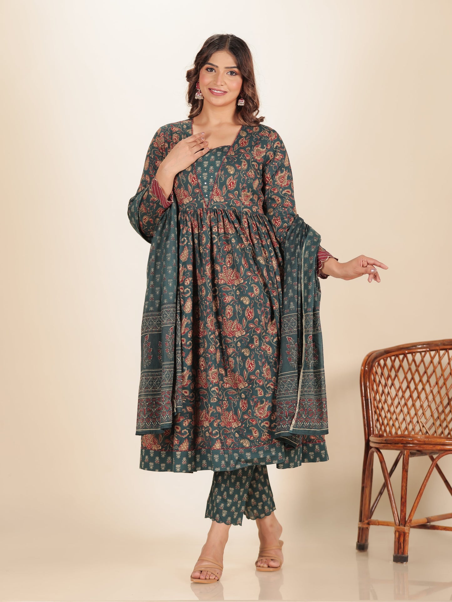 Embroidered Soft Cotton Floral Anarkali Emerald Green Kurta